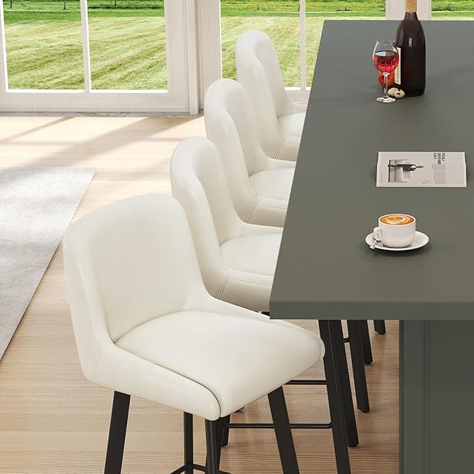 Swivel Bar Stools, 26''H Upholstered Barstools with Backs, Modern Counter Height Bar Stool Chairs for Kitchen Island, Metal Legs (Beige- Faux Leather, Set of 2-26" H)