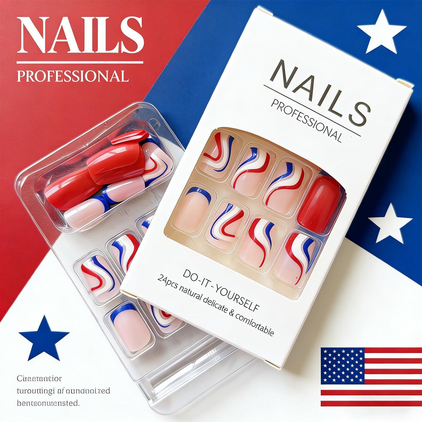 4th of July Independence Day Press on Nails Medium Square Fake Nails with Red Blue White Curved Stripes Design Patriotic False Nails Full Cover Glossy Stick on Nail for Women Manicure 24Pcs