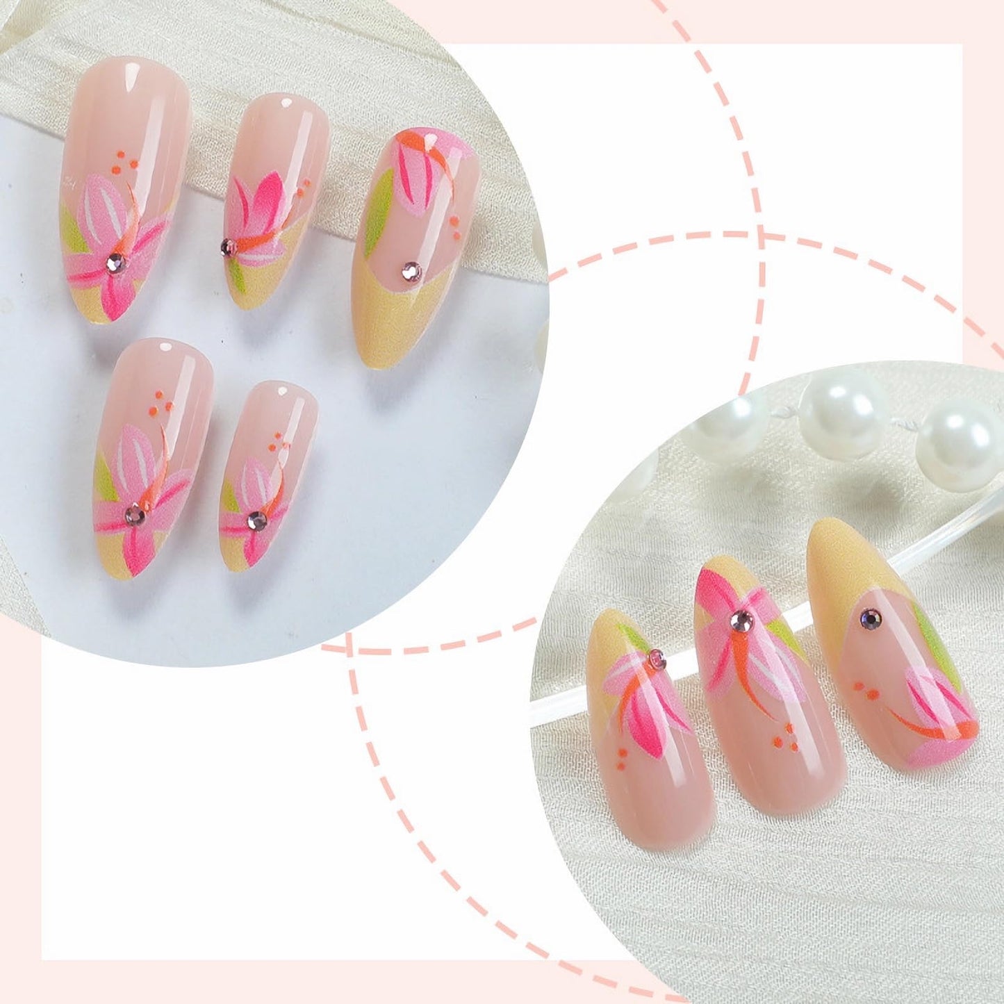 MISUD Press on Nails - Medium Almond Fake Nails with Pink Flower, Acrylic Yellow French Tip Design 24 pcs