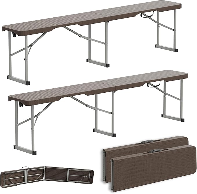 6ft Plastic Folding Bench with Carrying Handle & Lock, Portable Outdoor Bench in Garden Picnic Camping Dining Party Seat, Waterproof Bench for Soccer Activities, Ratten Patterned(2 Pack)