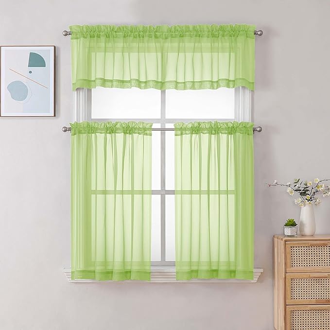 Chyhomenyc Sheer Lime Tier Curtains 24 Inch Length Set, Small Window Kitchen Curtains for Bathroom Living Room Basement, Farmhouse Short Voile Curtain 42Wx24L, Rod Pocket, 2 PCS