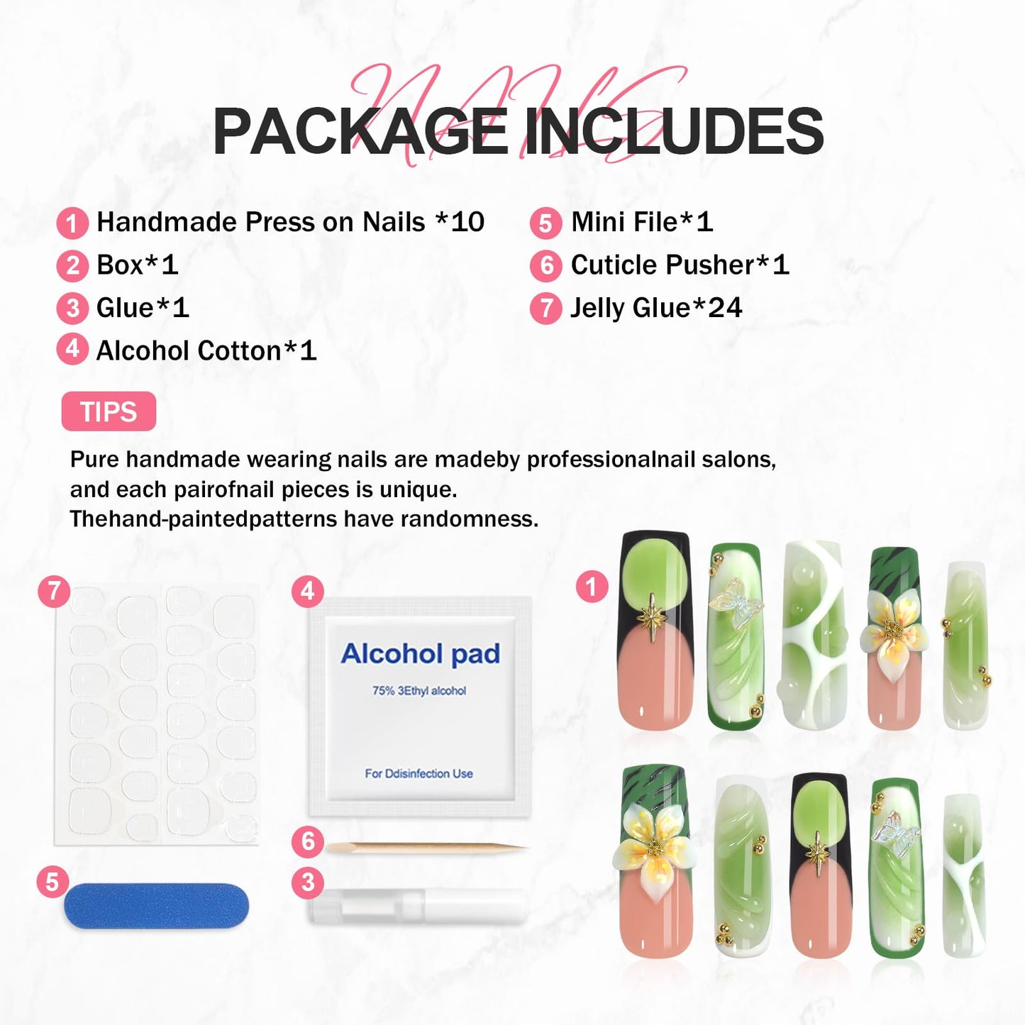XGV 10pcs Handmade Press on Nails Medium Long Square Nails, Glossy Nude Pink and Green Fake Nails with 3D Flower Reusable Nails Tips
