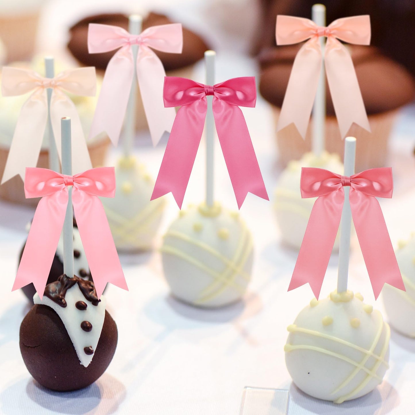 Canlierr 48 Pcs Pastel Tie Bows Satin Ribbon Bows with Twist Tie Craft for Wedding Wall Backdrop Decorations Birthday Wrapping Party Decor (5 x 7 Inch,Pink)