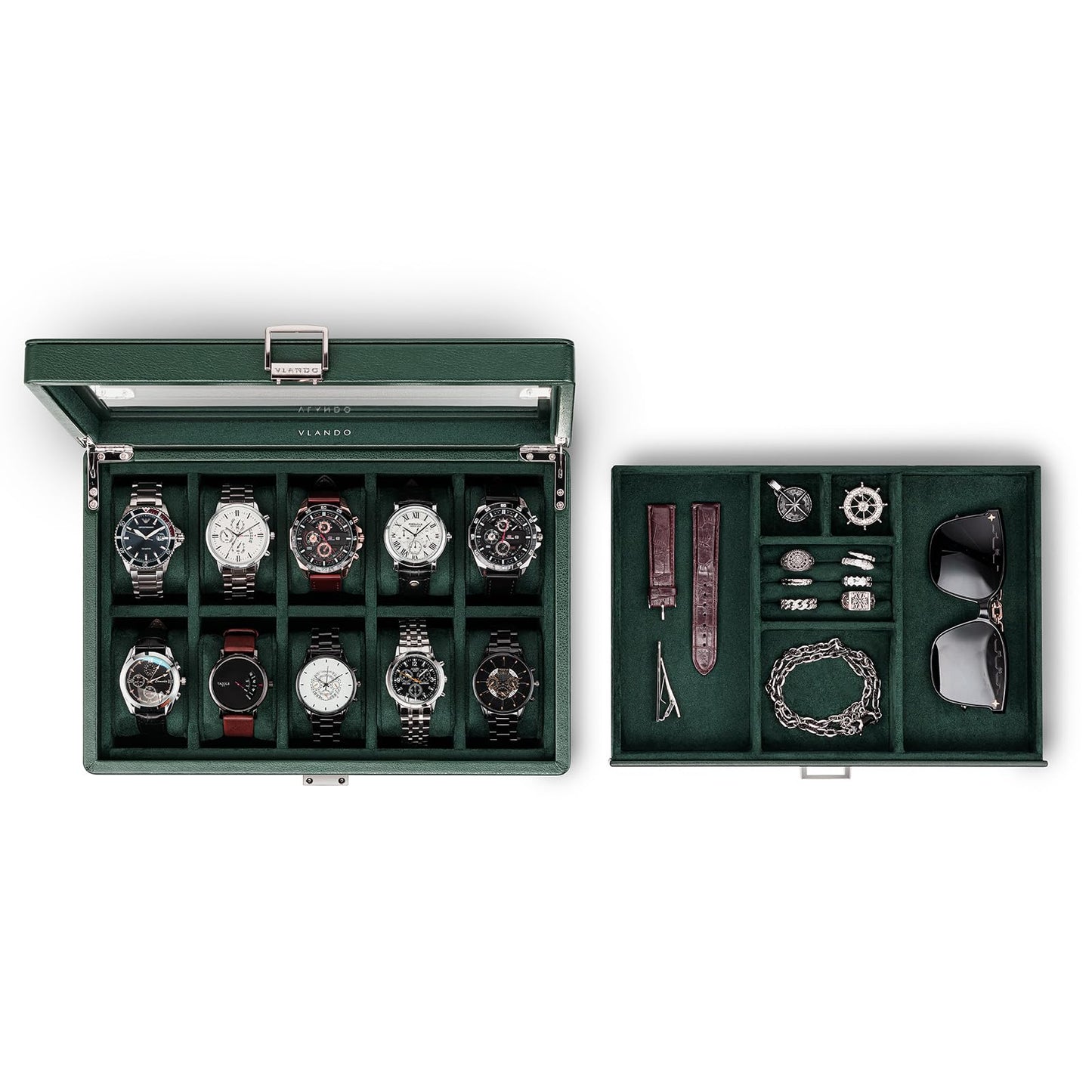 Vlando Watch Box for 10 slot, Lockable Watch Case with Textured Leather, 2 Layer Watch Holder for Rings, Bracelets, Glasses, Glass Lid, Removable Divider, Gift for Fathers, Husband, Friend, Dark Green