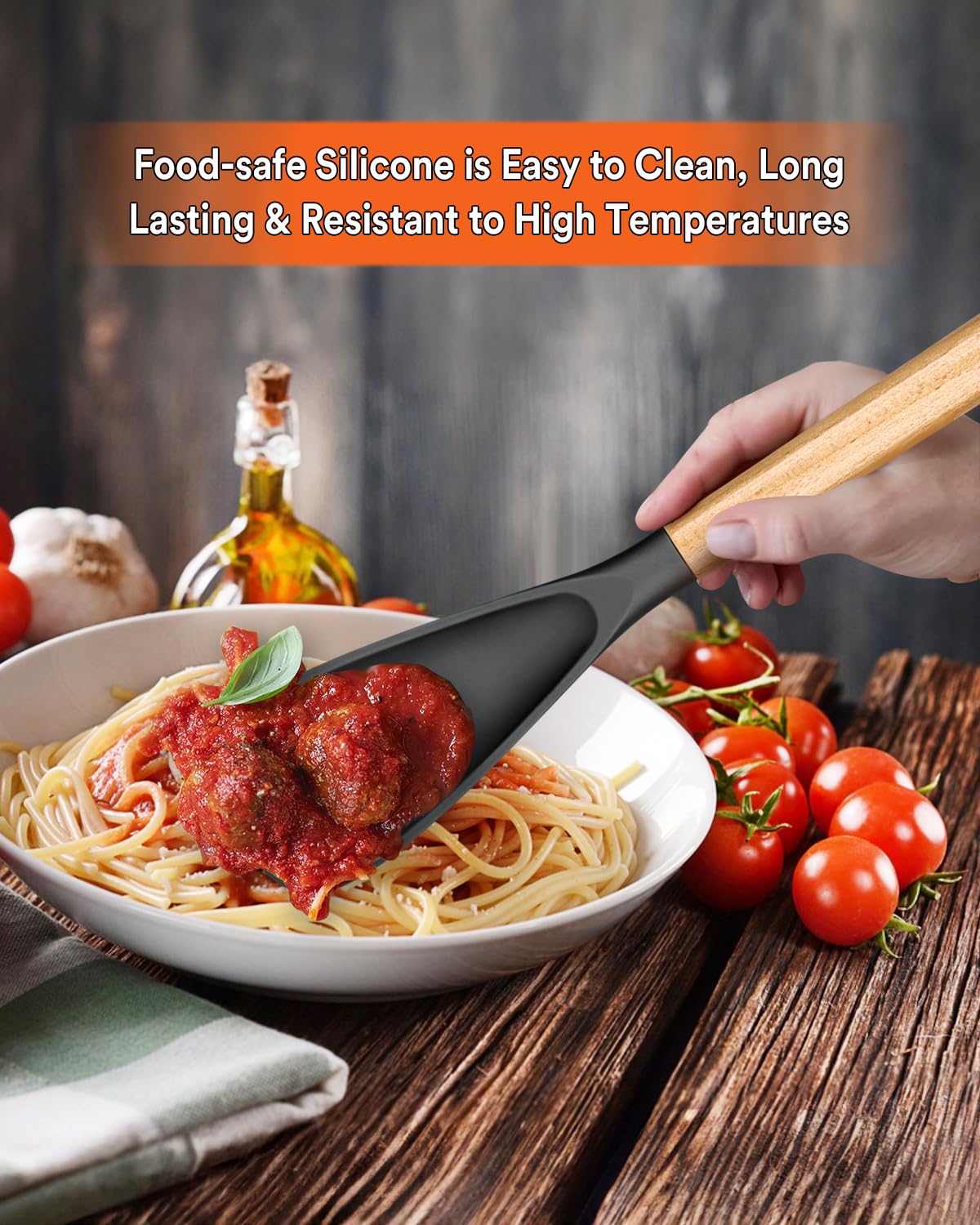 Multifunction Spoon for Nonstick Cookwares, Great for Cooking and Serving, Sturdy BPA-Free Matte Silicone, Wood Handle Spoonula for Mixing, Scoop, and Scrape, Grey(2 pack,11.4" & 13.4")