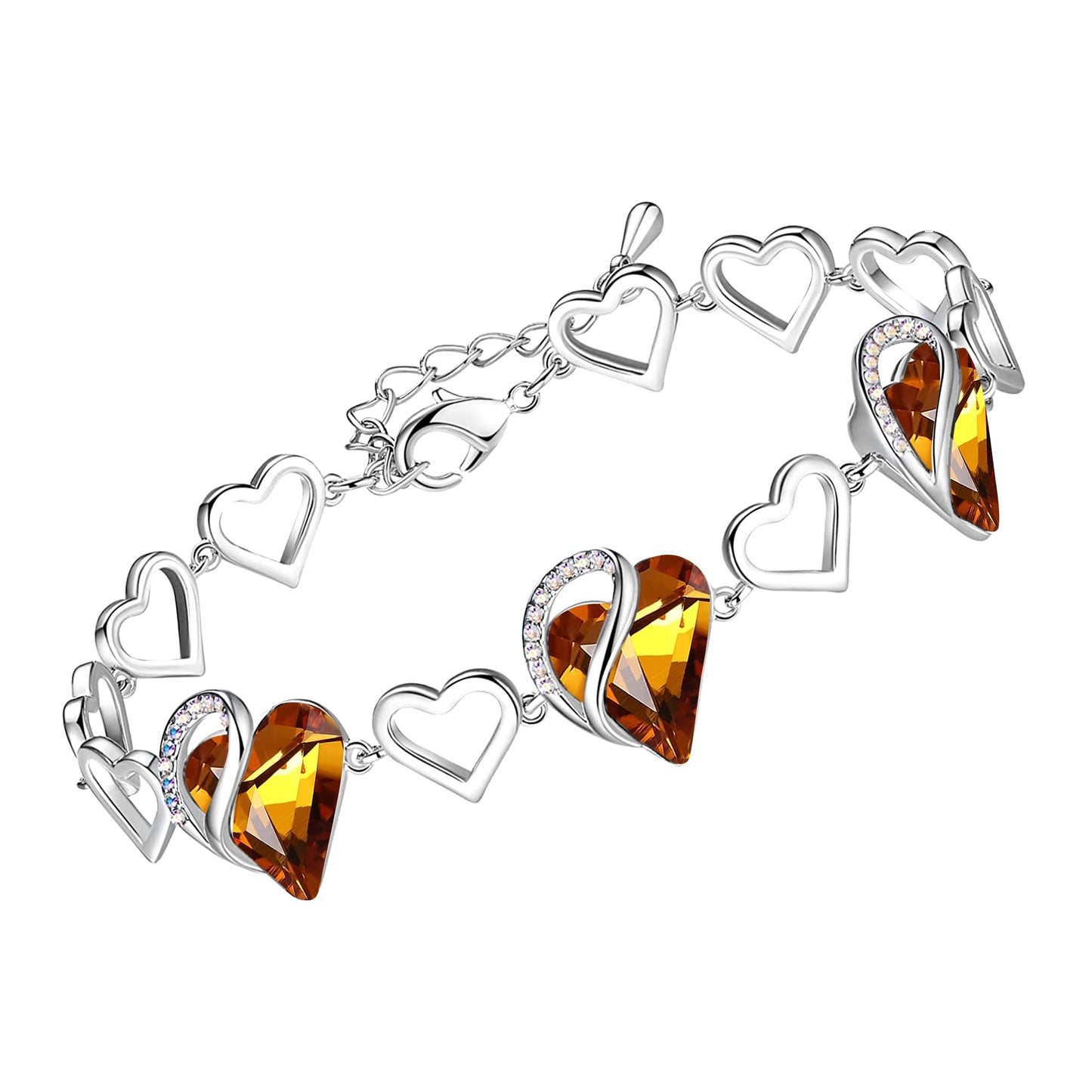Leafael Infinity Love Heart Gift Bracelet for Women, November Birthstone Crystal, Amber Brown, Silver Tone, 7-inch Chain and 2-inch Extender