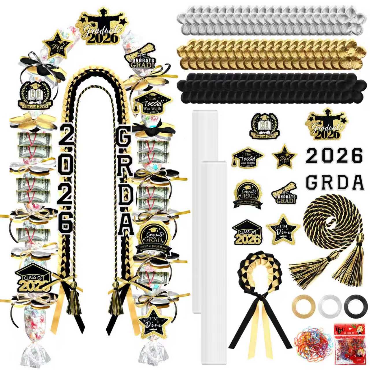 Graduation Candy Lei Making Kit Class of 2026 DIY Lei PE Bags Tubing Money Leis 2026 Graduation Ribbon Necklace Include 2 x 5 ft PE Bags 90 Pcs Flower Accessories for Grad Party Supplies (Gold, Black)