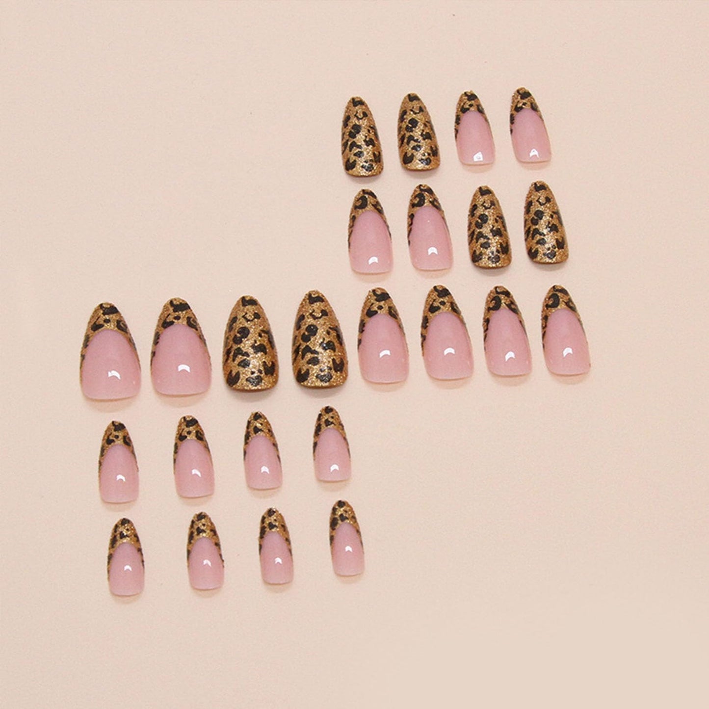 Press on Nails Medium Almond Fake Nails Bling Leopard French Tip Glue on Nails Glossy Gold Glitter Acrylic Nails Press ons Stiletto Artificial Stick on Nails for Women 24 Pcs
