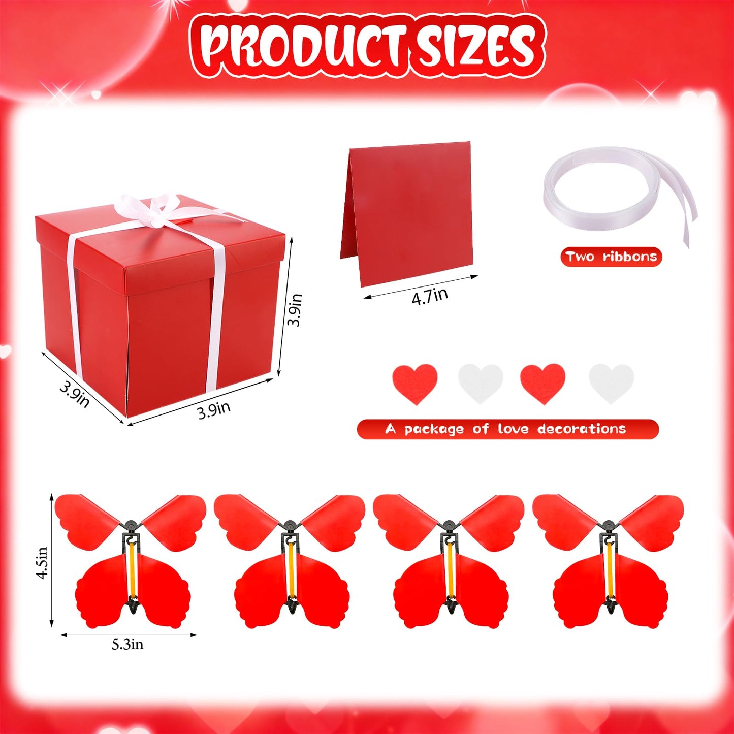 Red Flying Butterfly Explosion Gift Box, Love You, Unique Exploding Surprise Box with Love Heart and 4 PCS Butterflies for Valentine's Day, Birthday, Wedding, Anniversaries