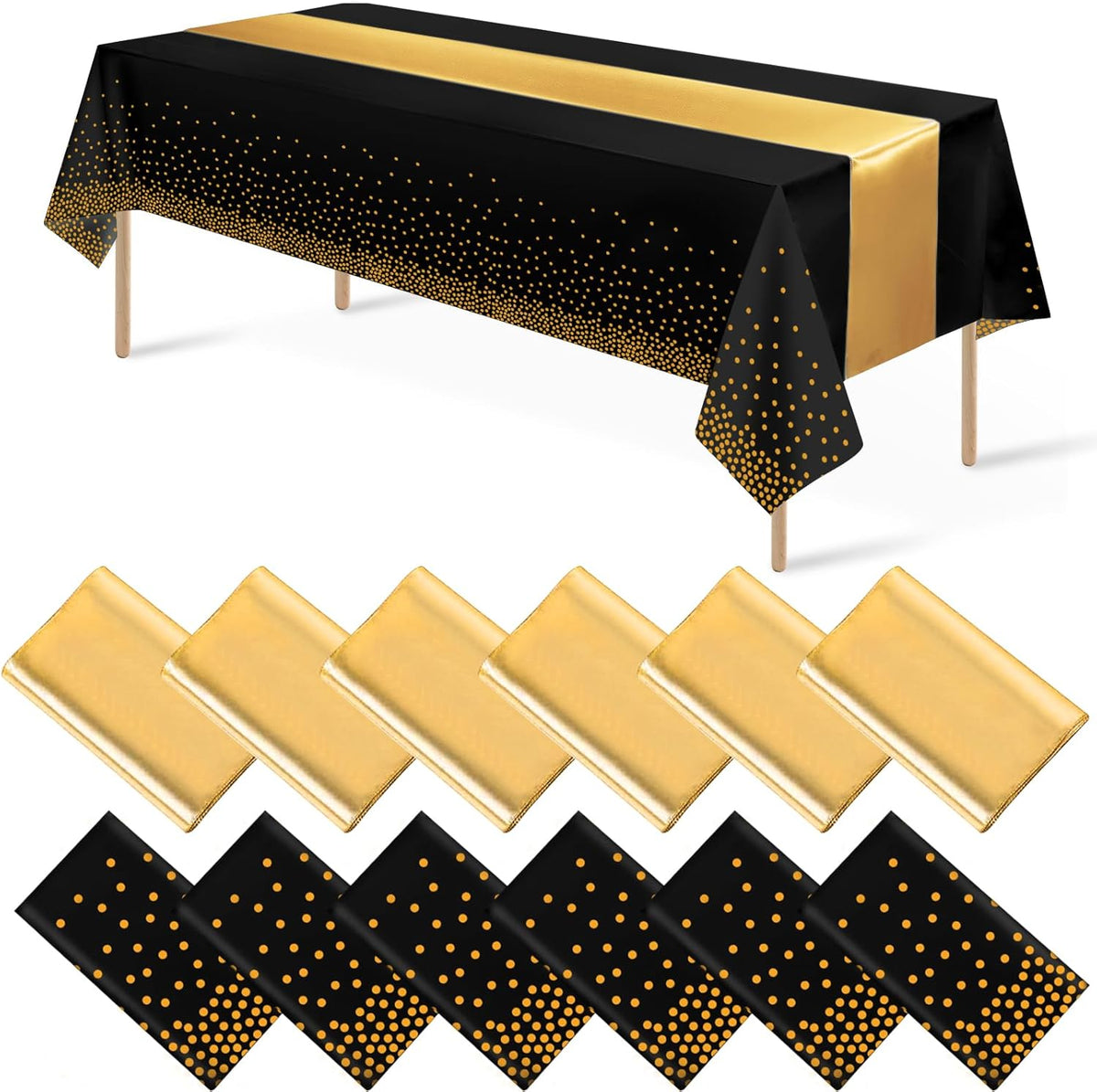 12Pack Disposable Plastic Tablecloths and Satin Table Runner Set Black and Gold Dot Tablecloth Gold Satin Table Runner for Wedding Birthday Baby Shower Anniversary Christmas New Year Party Supplies