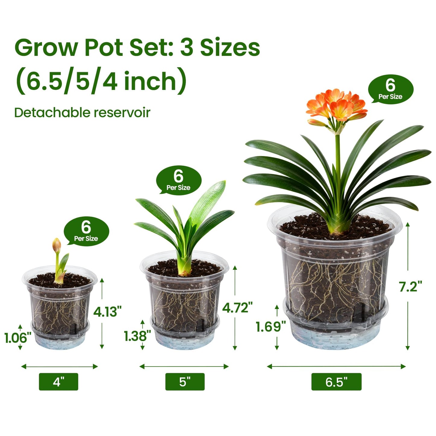 MIXC 18 Packs 6.5/5/4 Inch Self Watering Pots for Indoor Plants - Clear Nursery Plant Pots with Drainage, Deep Visible Reservoir - Flower Planter Outdoor with Wicking Rope