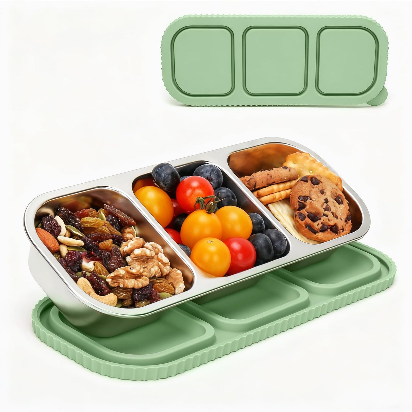 suhunide ﻿ 3 Compartment Stainless Steel Snack Containers ，Reusable Snackle Box Container with Leakproof Lids Metal Bento Lunch Boxs Food Storage Containers for Travel Picnics Office