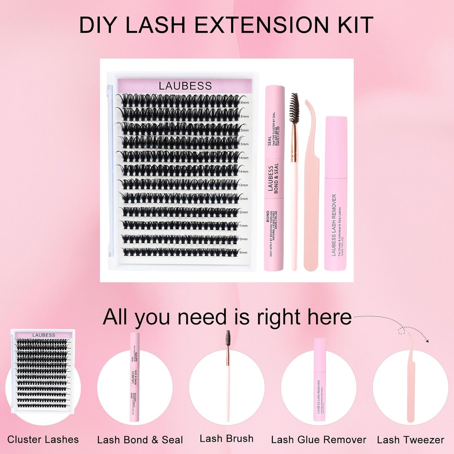 Lash Extension Kit LAUBESS Lash Clusters Kit Cluster Eyelash Extensions Kit Eyelash Clusters Lash Bond and Seal Waterproof Tweezers Brush Lash Glue Remover (Kit 50D-D-Mix9-16)