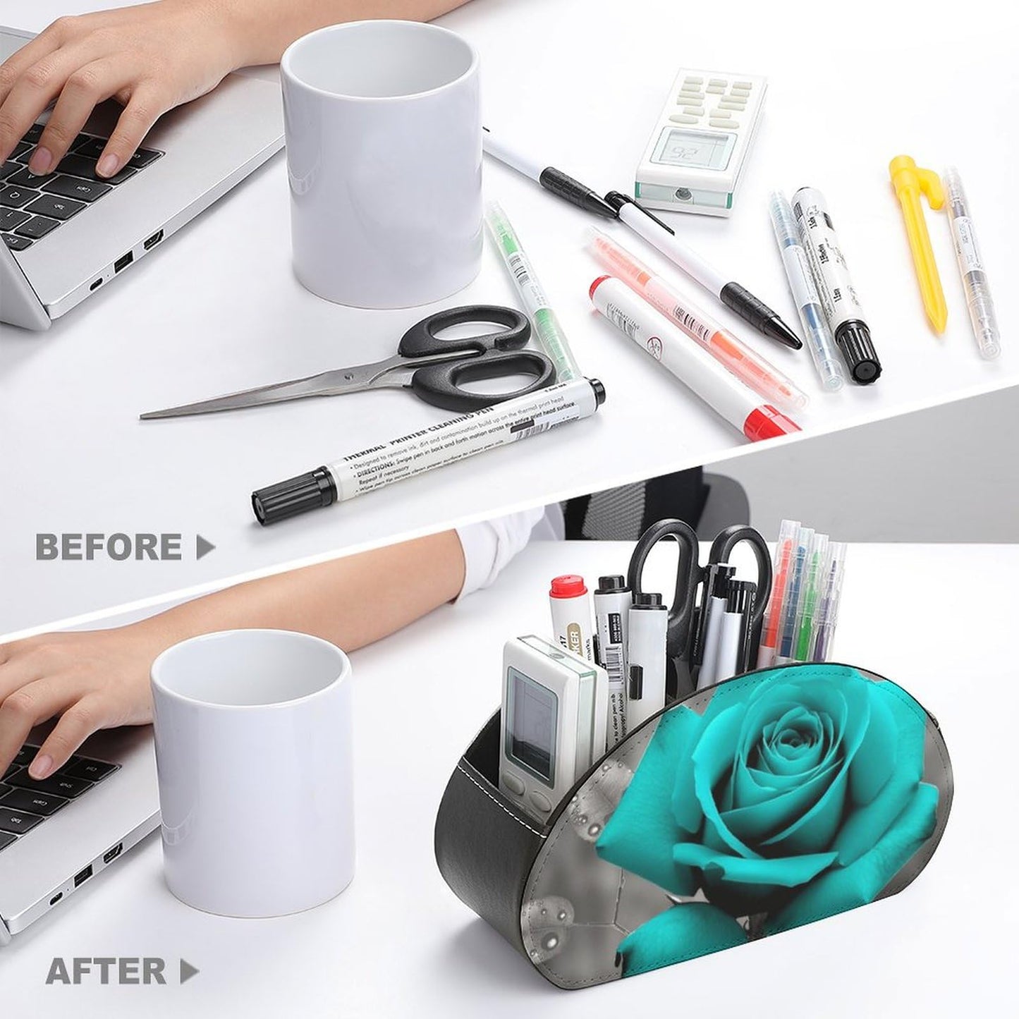 POTSCBVW Teal Grey Rose Remote Control Storage Box with 5 Compartments Leather Remote Control Organizer Box for End Table Stylish TV Accessory Holder for Living Room Bedroom Office