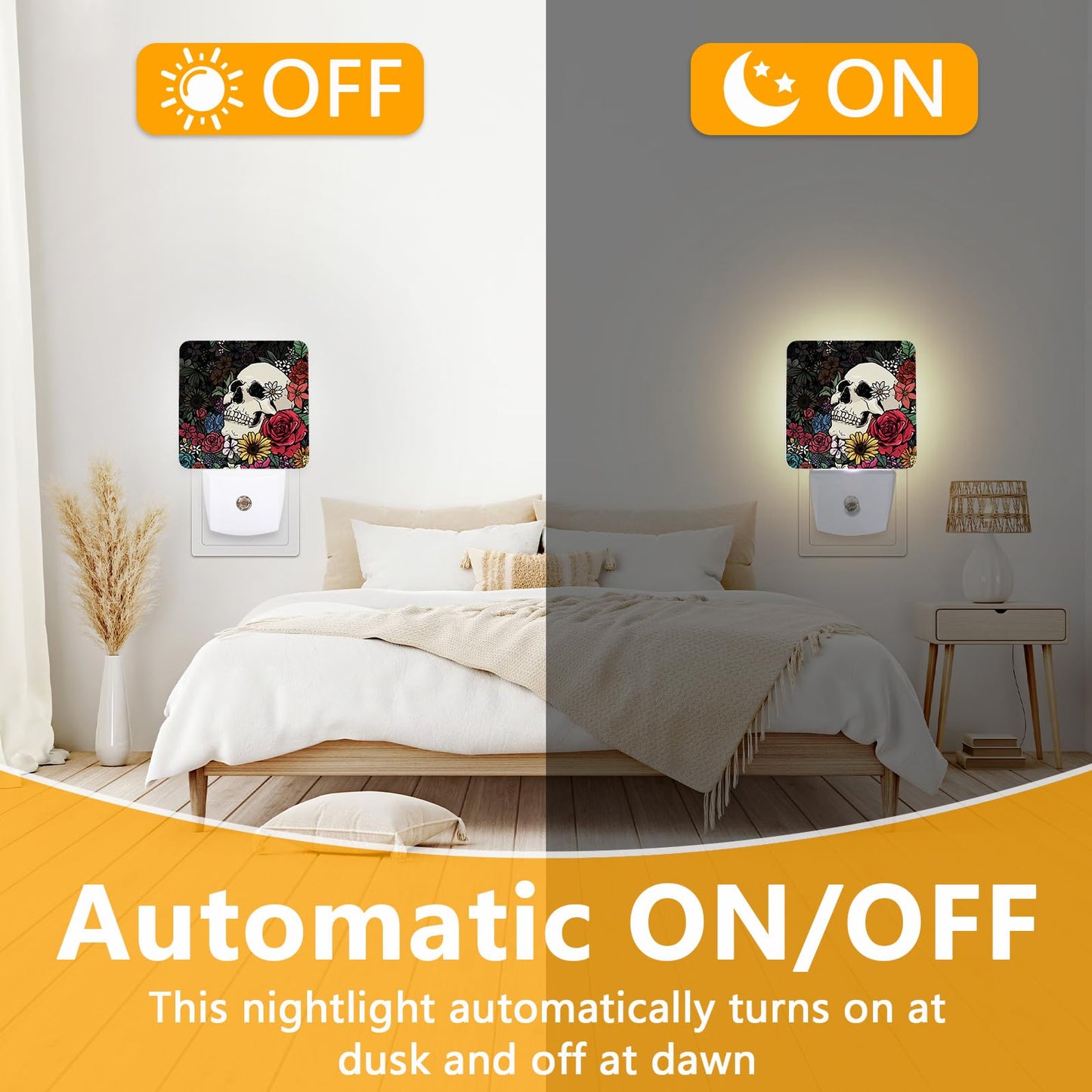 GANTINIR Halloween Skull Night Light, Plug-into Skeleton Flower Floral Nightlight White LED Lamp, Energy Efficient Decor Desk Lamp for Bedroom Hallway Stairs Bathroom