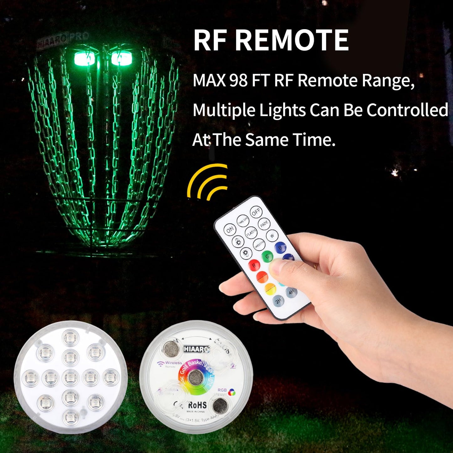 HIAARO LED Disc Golf Baskets Light 2 Pack with Magnetic Attachment, RF Remote Control, Waterproof, Multi Colored Adjustment Modes for Disc Golf Night Practice