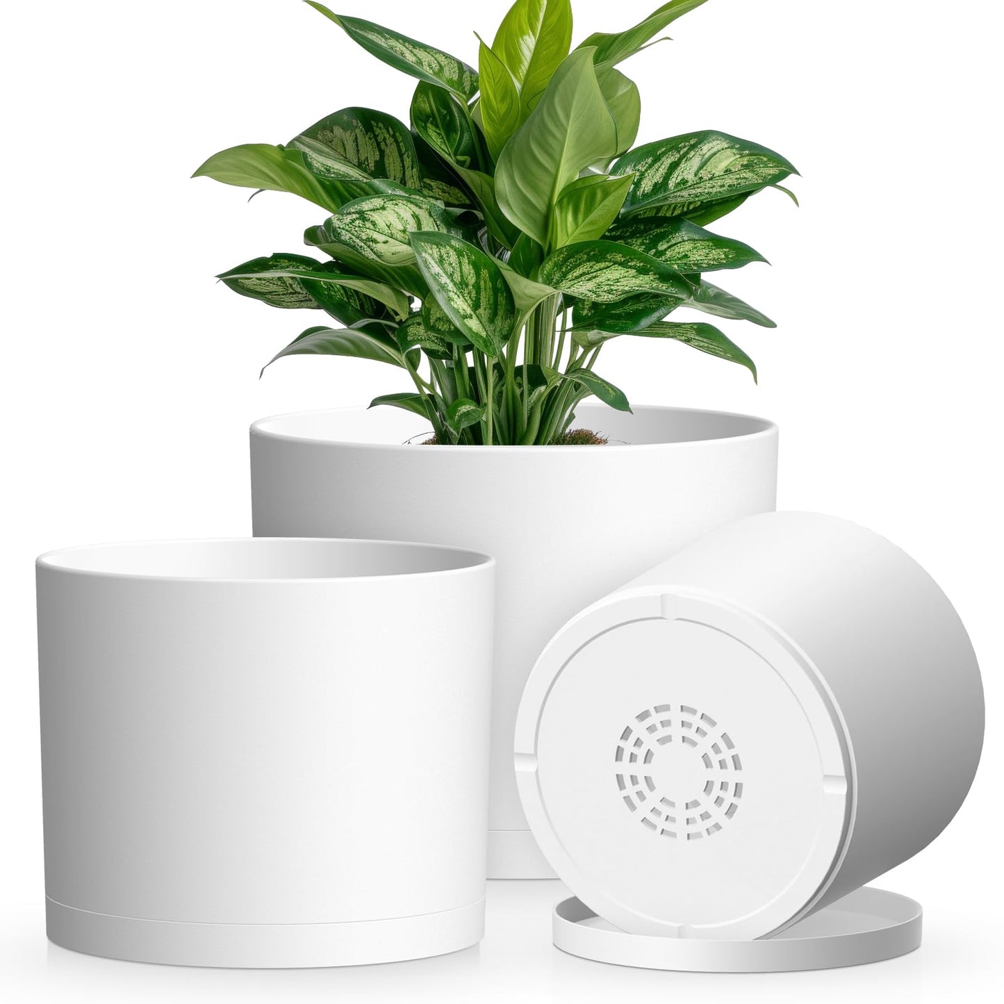 KUGAZ Plant Pots, 10/9/8 Inch 3 Pack Cylindrical Flower Pots with Drainage Holes and Saucers, Plastic Planters for Outdoor Indoor Plants,White