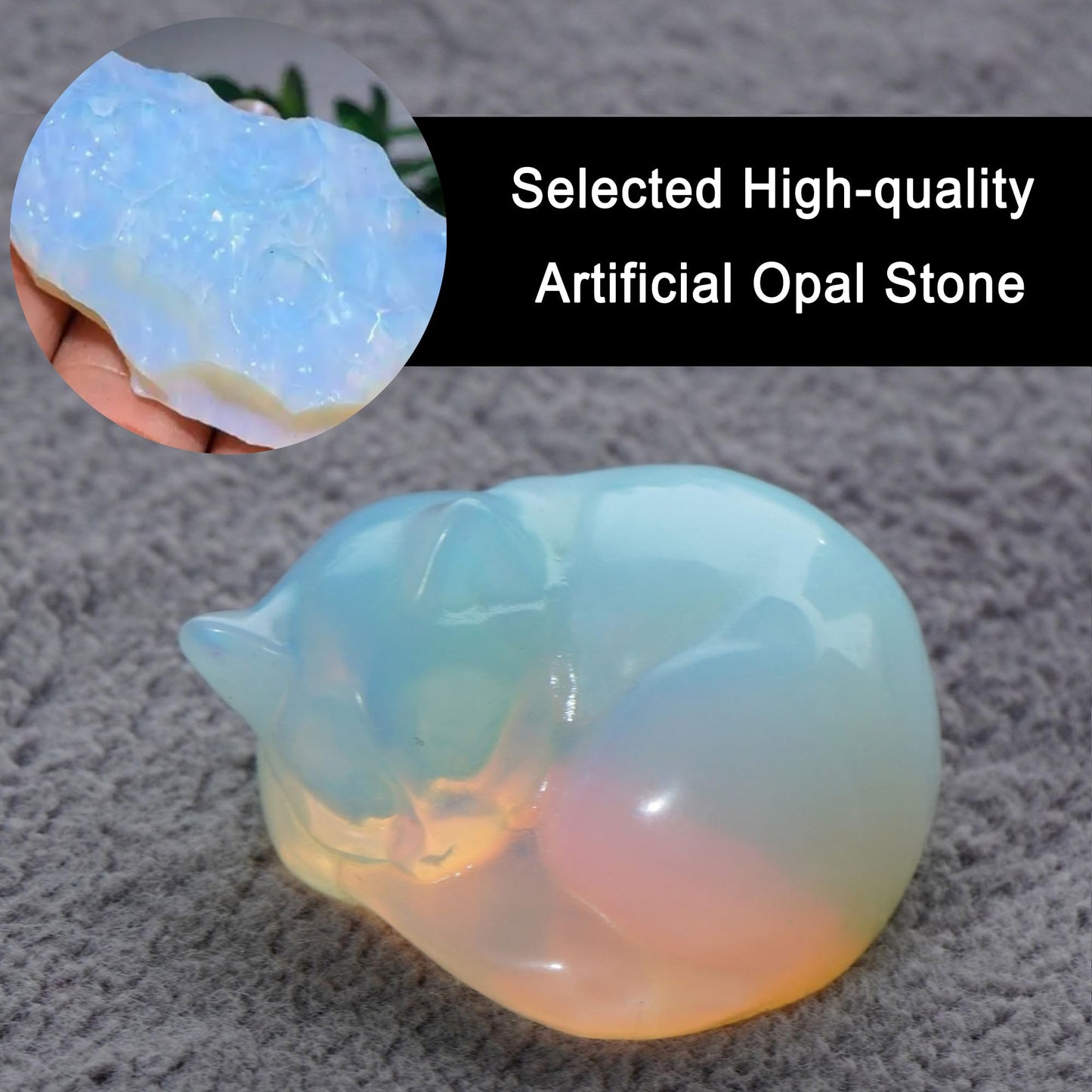 OwMell Tiny Sleeping Cat Statue Hand-Carved Healing Stone Gemstone Little Kitten Statue Figurine 2" - Opal Small