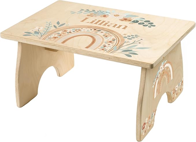 Rainbow Step Stool for Toddlers- Personalized Wood Kids Step Stool with Name for Kitchen Sink, Bathroom, Potty Training, Kitchen Sink- Sturdy and Safe- Made in USA by BloomOwl (Rainbow- Boho Floral)