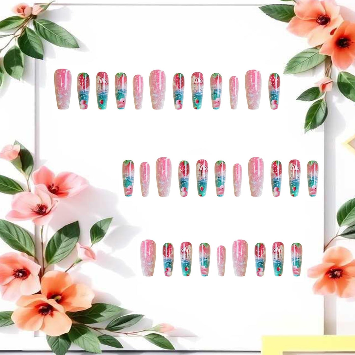 Press on Nails Long Ballet Shaped Strawberry Cute Duck Pattern Design Pink Acrylic Fake Nail Full Cover Glossy Artificial Stick on Nails Summer Artificial Fingernails DIY Glue on Nails for Women