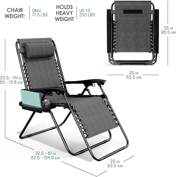 Nestl Zero Gravity Chairs Set of 2, Patio Lounge Chair Outdoor with Pillows & Cup Holder Trays, Adjustable Steel Mesh Reclining Camping Chair, Folding Patio Lawn Chair for Deck, Beach, Yard - Grey