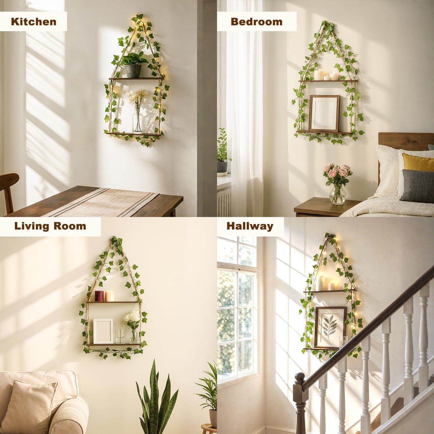 Artilady Artificial Ivy Macrame Hanging Shelves 3 Tier with Lights Boho Wall Decor, Rustic Wood Flaoting Shelf Plant Storage Rack for Bedroom Bathroom Living Room Nursery