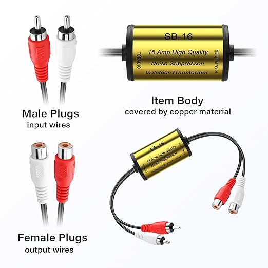 PNGKNYOCN Car Stereo Noise Suppressor, 15A RCA Stereo 2 Channel Ground Loop Noise Suppressor for Car Audio Home Stereo