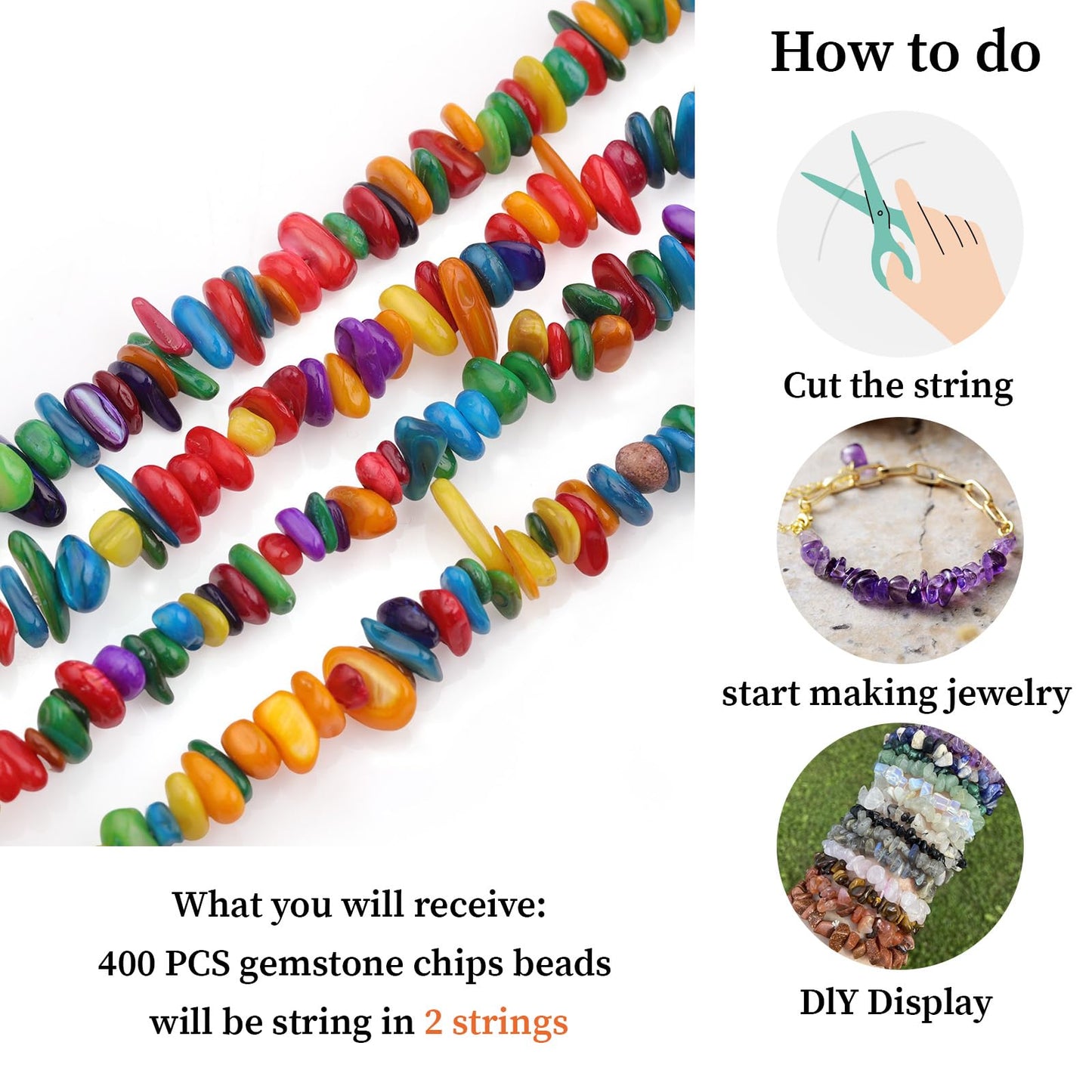 400pcs Natural Chip Shell Beads for Jewelry Making Colorful Shell 5-8mm Irregular Gemstones Healing Crystal Loose Rocks Bead Hole Drilled for Ring Earrings Necklace Bracelet Making DIY Art Crafts