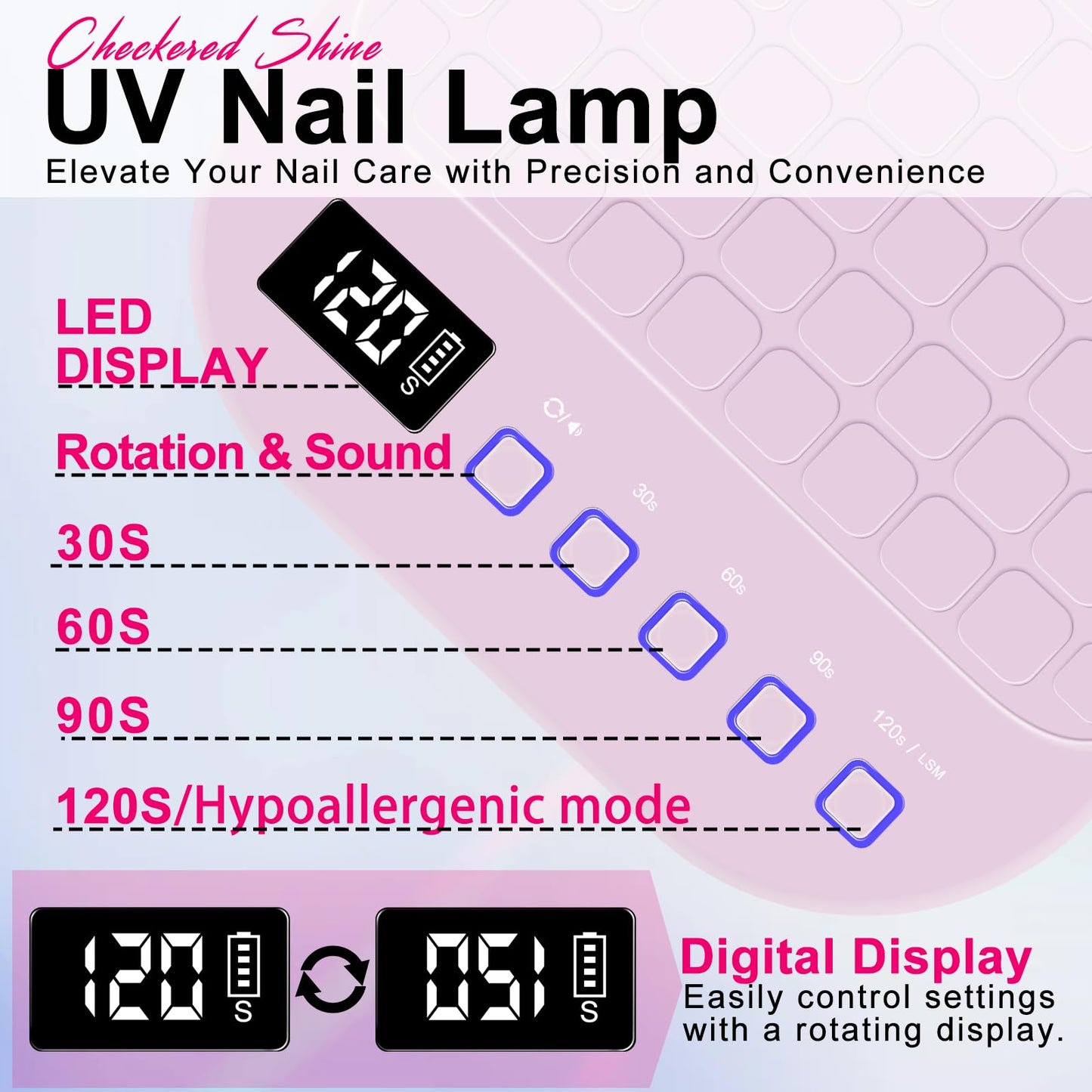 MEKK Cordless UV LED Nail Lamp, 54W UV Light for Gel Nails with Hand-Friendly Red Light, Auto Sensor Professional Flash Cure Lamp with Rotatable LCD Display for Salon and Home, Checkered Design, Pink
