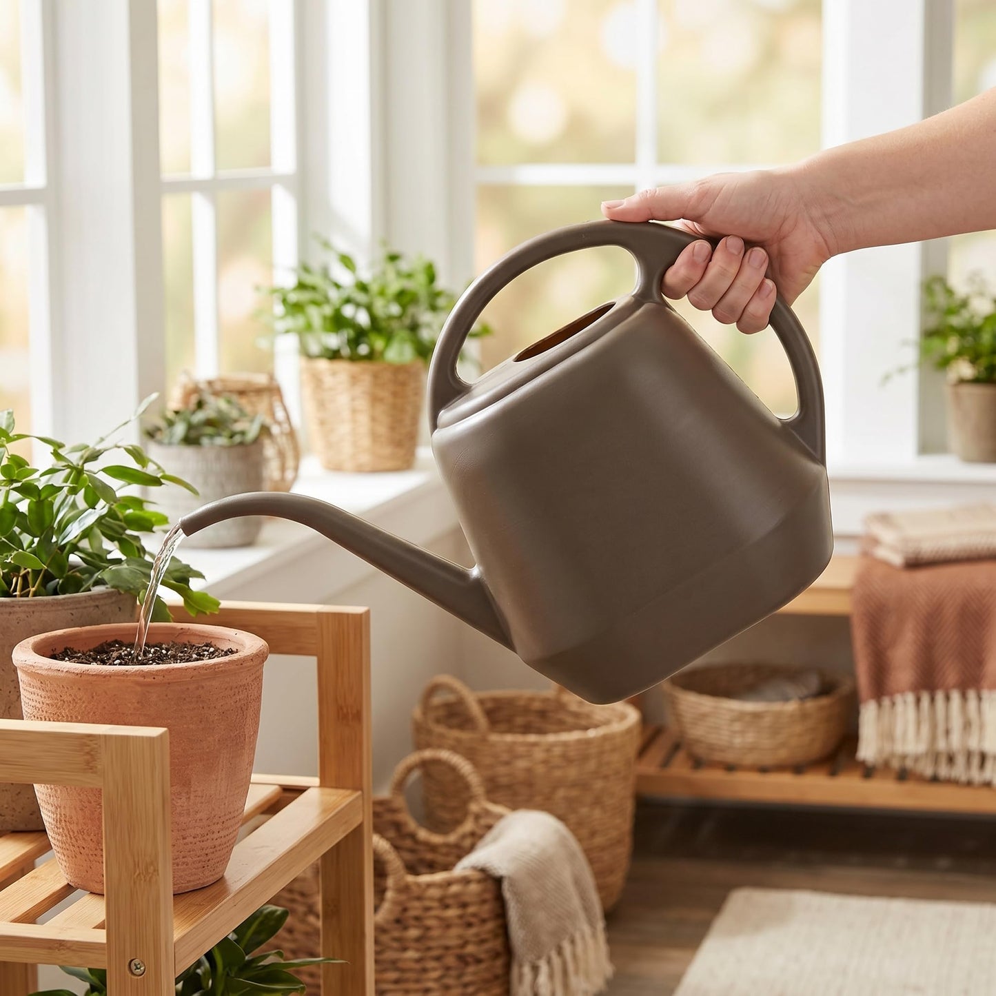 Fasmov Plastic Watering Can, 1-Gallon, Deep Gray