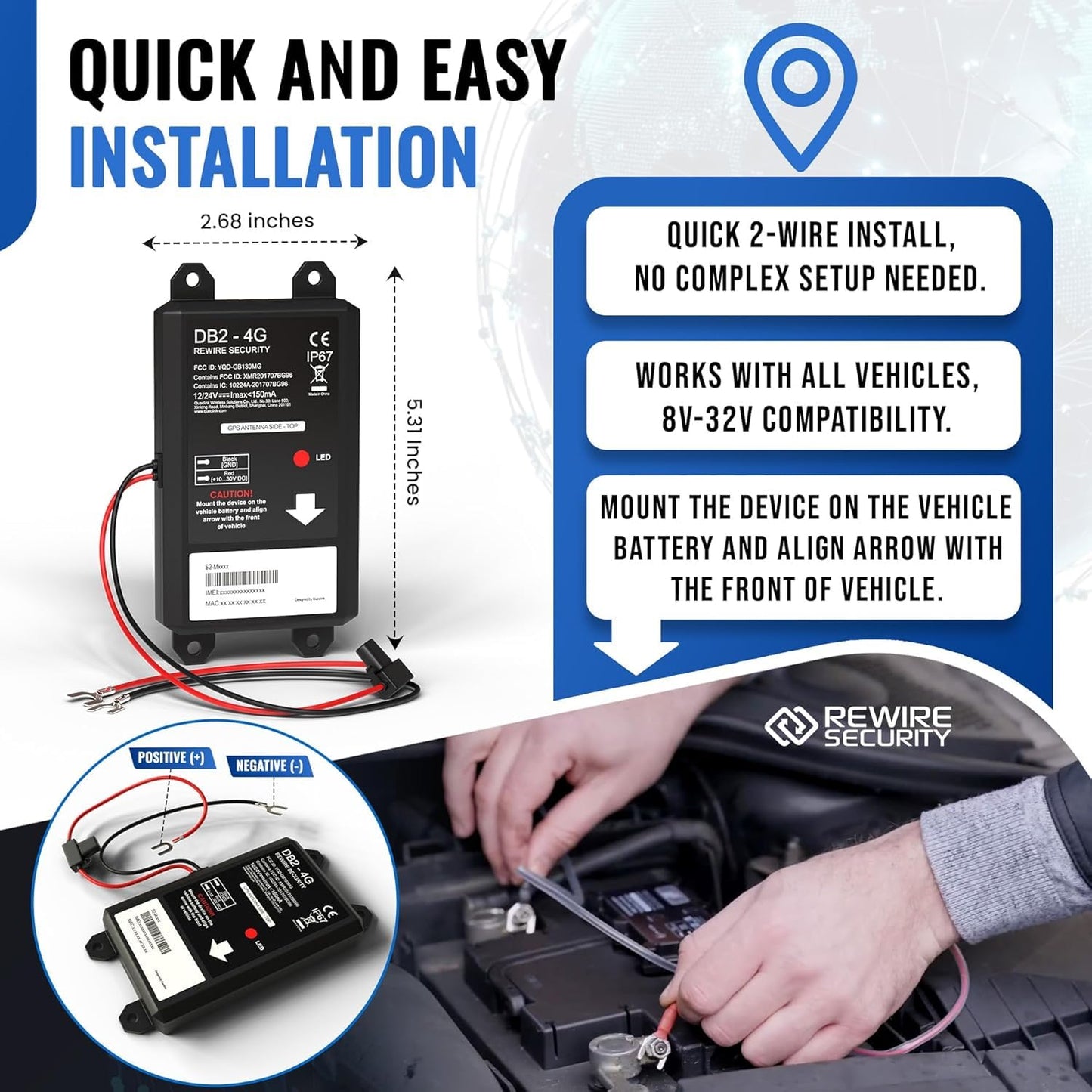 REWIRE SECURITY DB2-4G GPS Tracker for Vehicles – Real-Time Vehicle Tracking Device for Car, Van, Motorhome | Easy Battery Install | Live App Tracking | 4G Fleet Tracking | Low Cost Plan | Free Trial