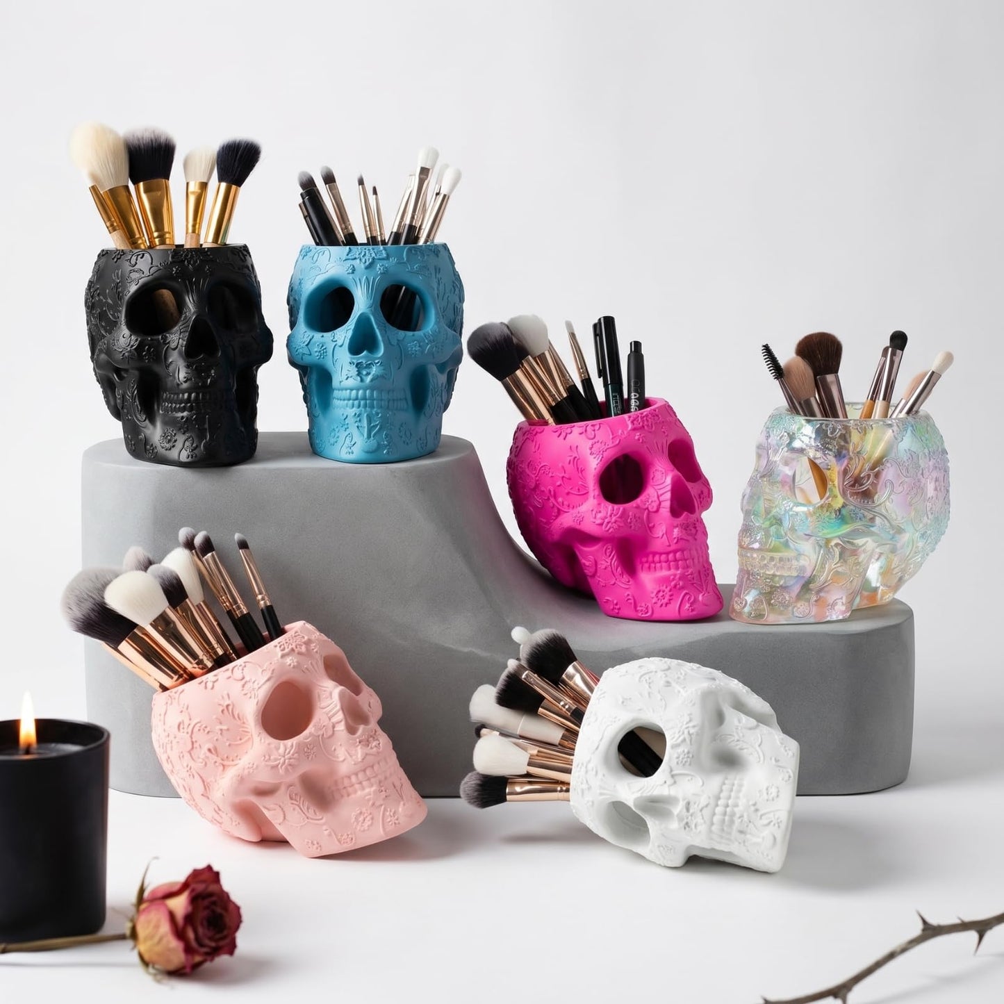Skull Makeup Brush Holder, Pen Holder, Vanity, Desk, Office Organizer, Stationary, Decor Planter , Candy Bowl , Goth Decorations , Extra Large, Skulls Gothic Skull & Bones Organizer Bathroom (Black)