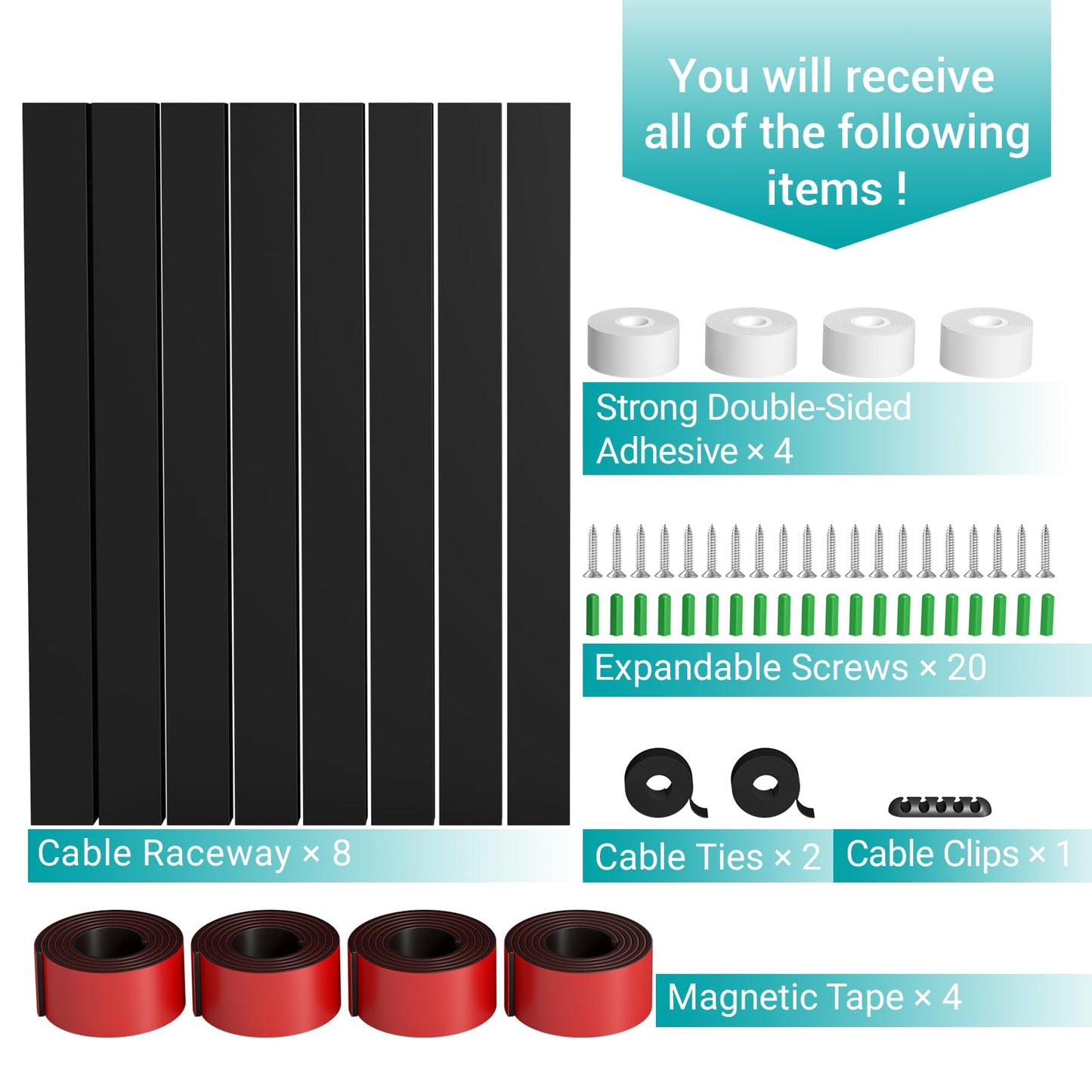 Cable Raceway - Magnetic Cable Management Under Desk with Upgraded Aesthetic Large Hole, Cord Organizer Kit for Hiding Computer, Gaming Desk, Network, Power Cord, TV - 8PCS 8x15.7in Black