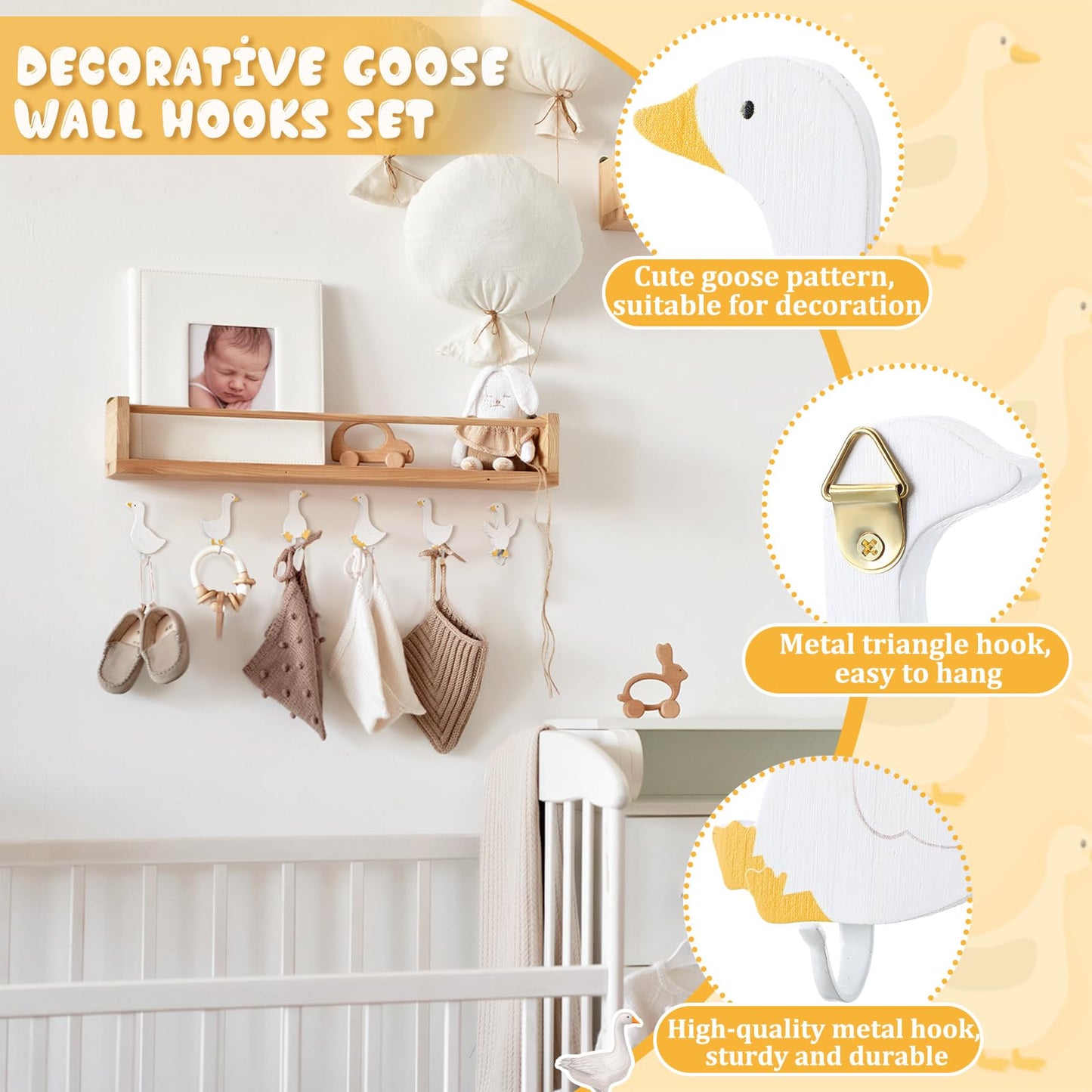 Beeveer 6 Pcs Decorative Goose Wall Hooks Kids Wooden Goose Baby Nursery Hooks Cute White Towel Hanger for Childs Nursery Bathroom Bedroom Home Decor