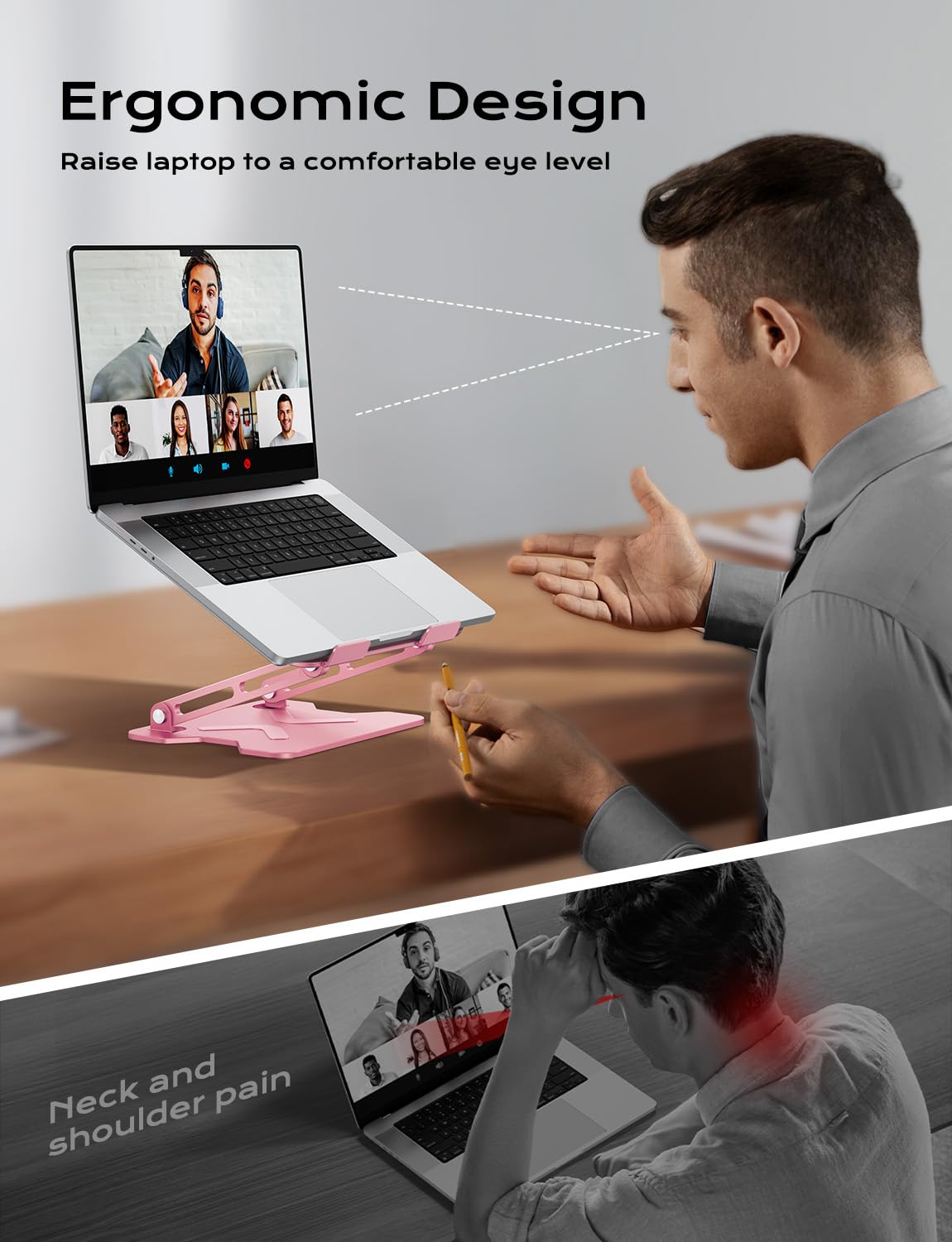 JCZT Adjustable Laptop Stand for Desk, Metal Foldable Laptop Riser, Portable Laptop Holder Mount, Ventilated Cooling Computer Notebook Stand for MacBook Air Pro, All 10-16'' Notebooks Laptops, Pink