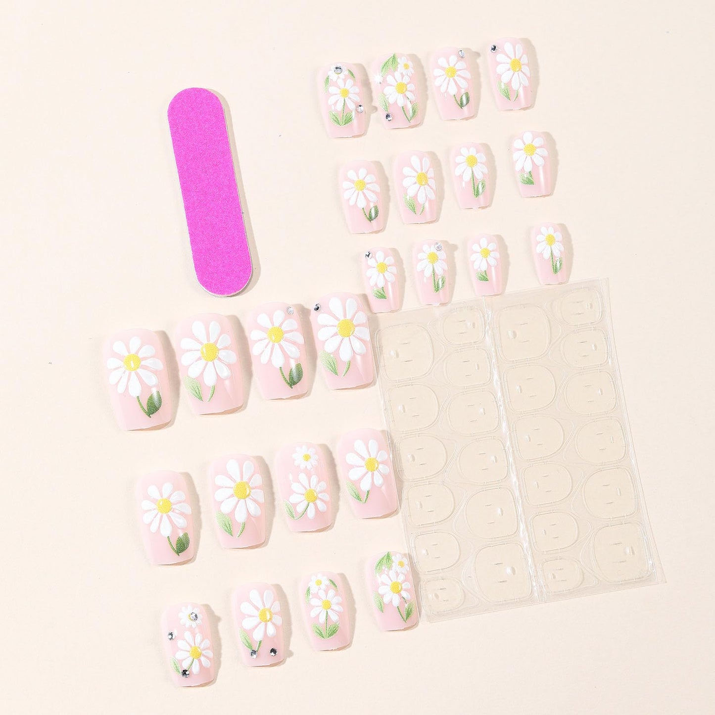 Square Press on Nails Medium Fake Nails with White Flower Green Leaves Rhinestones Designs Glossy Glue on Nails Nude Nails Press ons Summer Acrylic Artificial Stick on Nails for Women 24Pcs