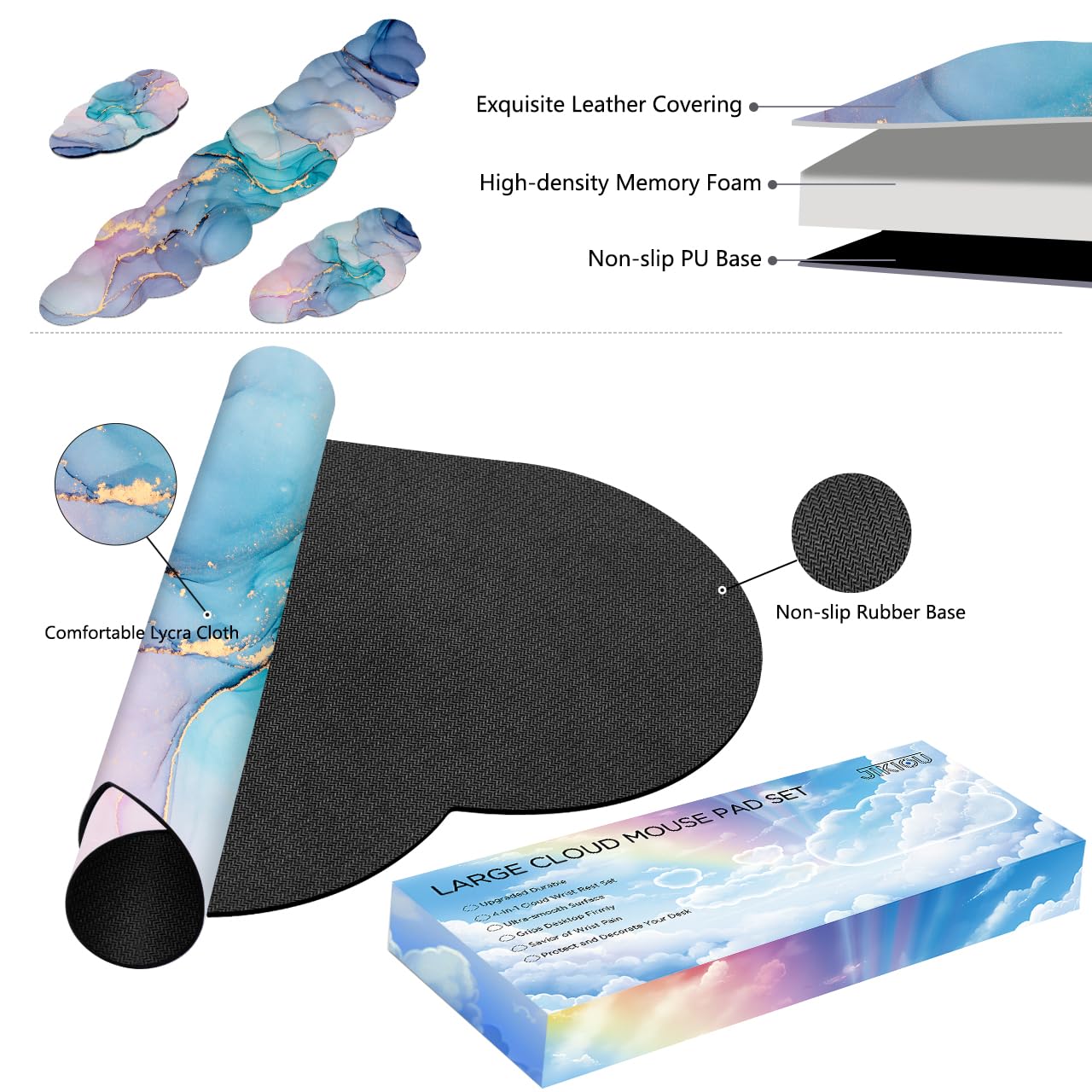JIKIOU Large Cloud Mouse Pad Waterproof with Cloud Keyboard Wrist Pad and Cloud Mouse Wrist Pad Set, Ergonomic Computer Desk Wrist Support Mousepad for Keyboard and Mouse 35.4x15.7in Marble Blue