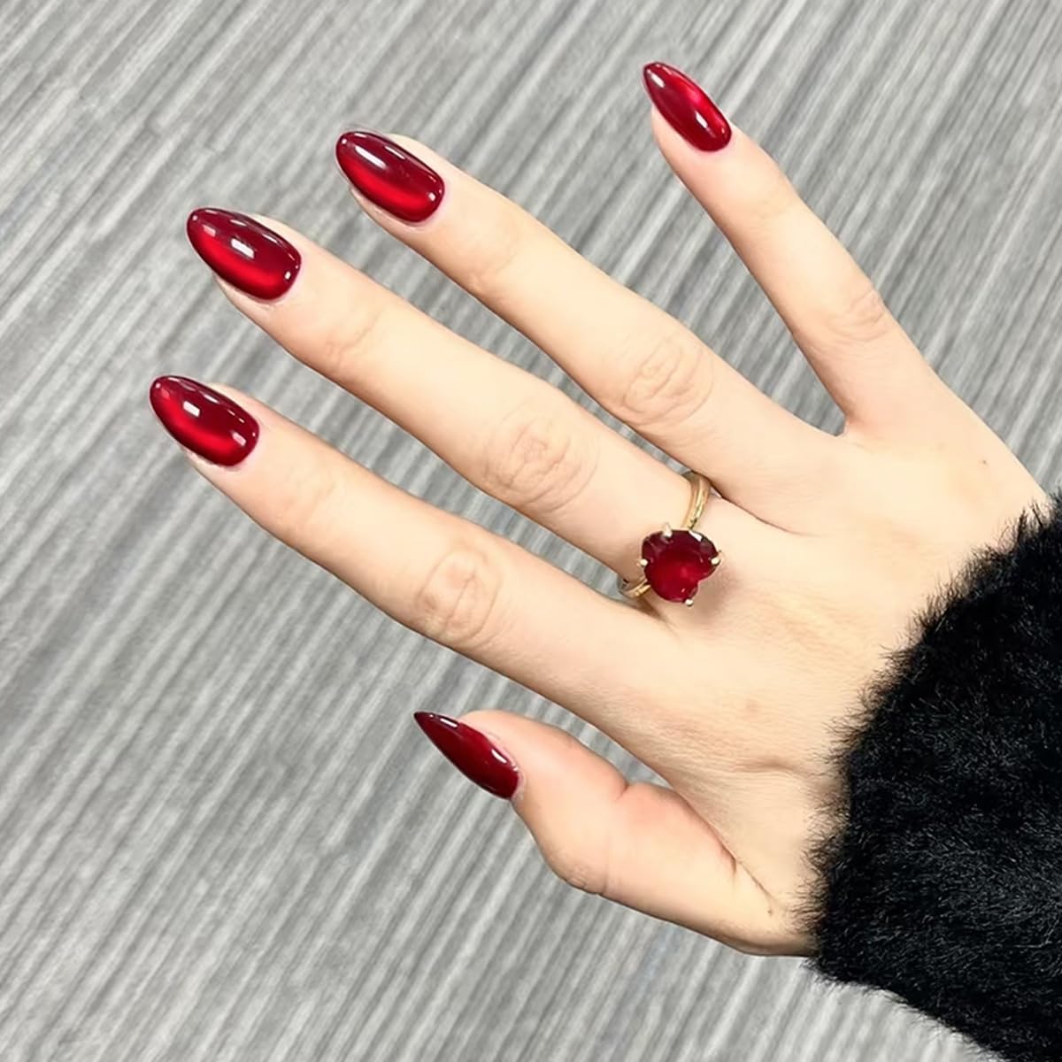 Cherry Red Sparkling Press on Nails Medium Almond Fake Nails Solid Red Color False Nails Reusable Glossy Artificial Nails Sparkly Shiny for Women Girls Daily Wear Manicure 24Pcs