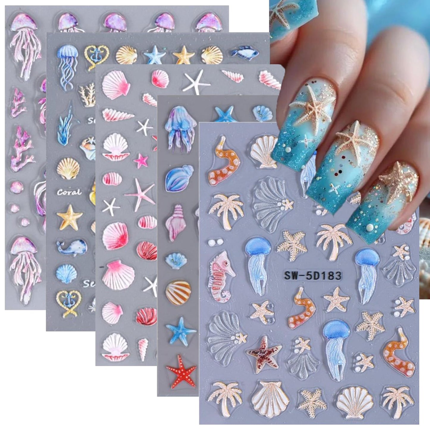 Ocean Nail Stickers 5D Embossed Seashell Nail Stickers 3D Self-Adhesive Blue Starfish Summer Nail Decals with Designs Purple Jellyfish Coral Nails Manicure Accessories for Women 5 Sheets
