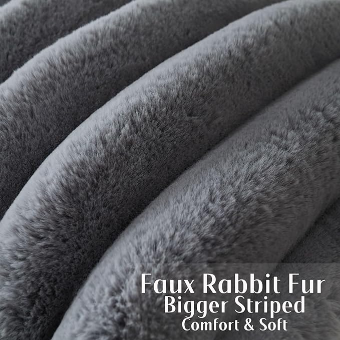 FUTEI Grey Decorative Throw Pillow Covers 16x16 Inch Set of 2, Square Soft Faux Rabbit Fur Thick Striped Cushion Cover,Winter Home Decor for Couch Bed Living Room