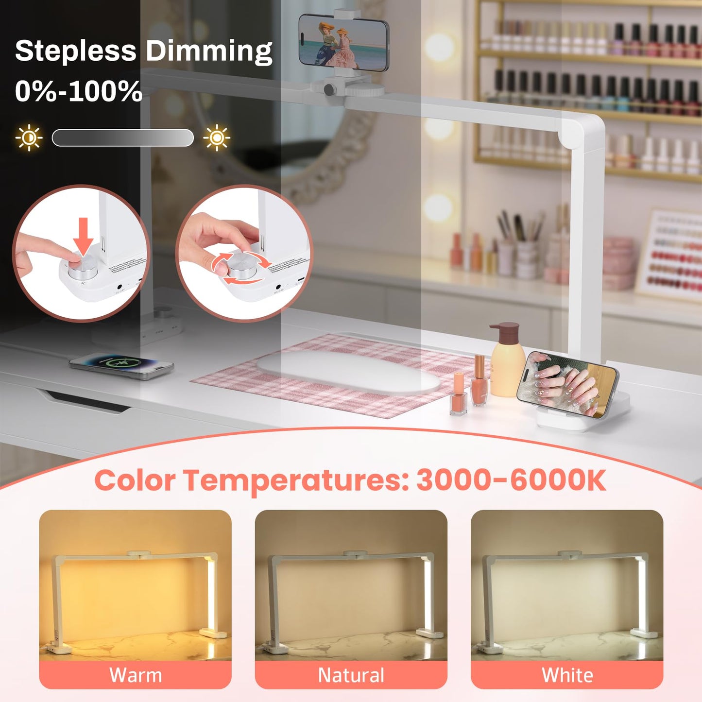 Haosegd Half Moon Light for Nail Desk with Phone Holder, Large Square Nail Lamp for Desk, Professional Manicurist Desktop Lamp, LED Light Suitable for Manicures, Tattoos, and Sewing, White