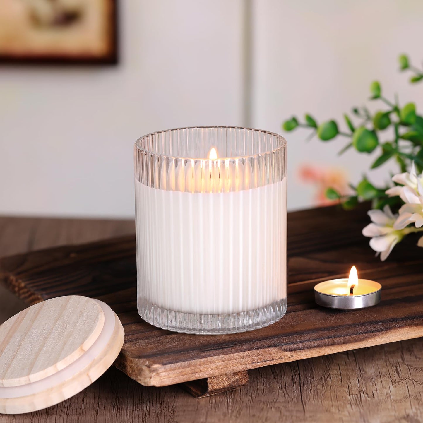 sunnyfuture 10 OZ Clear Candle Jars for Making Candles Set of 8, Ribbed Glass Candle Jars with Wood Lids and Labels, Candle Containers for DIY, Gifts, Home Decoration