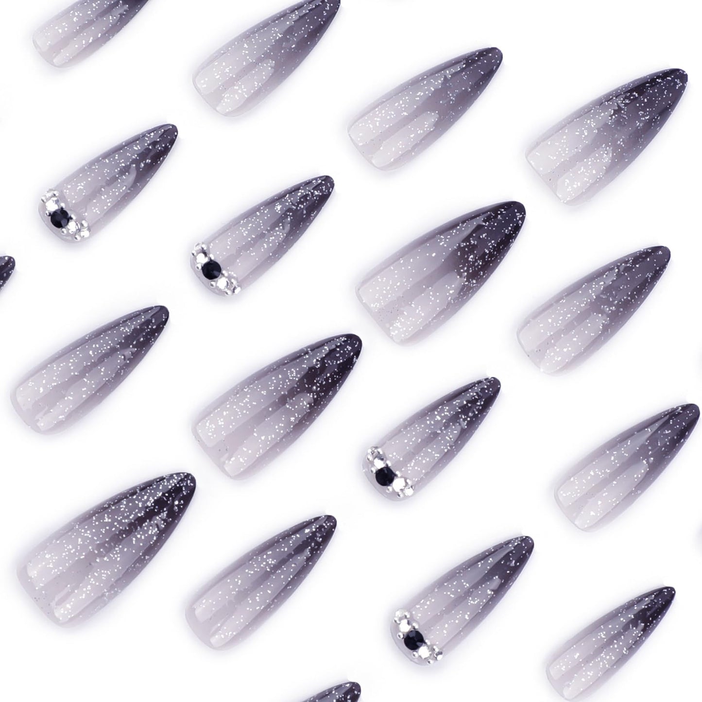 MISUD Press on Nails - Long Stiletto Fake Nails with Goth Black Ombre, Acrylic Bling Glitter Design 24 pcs