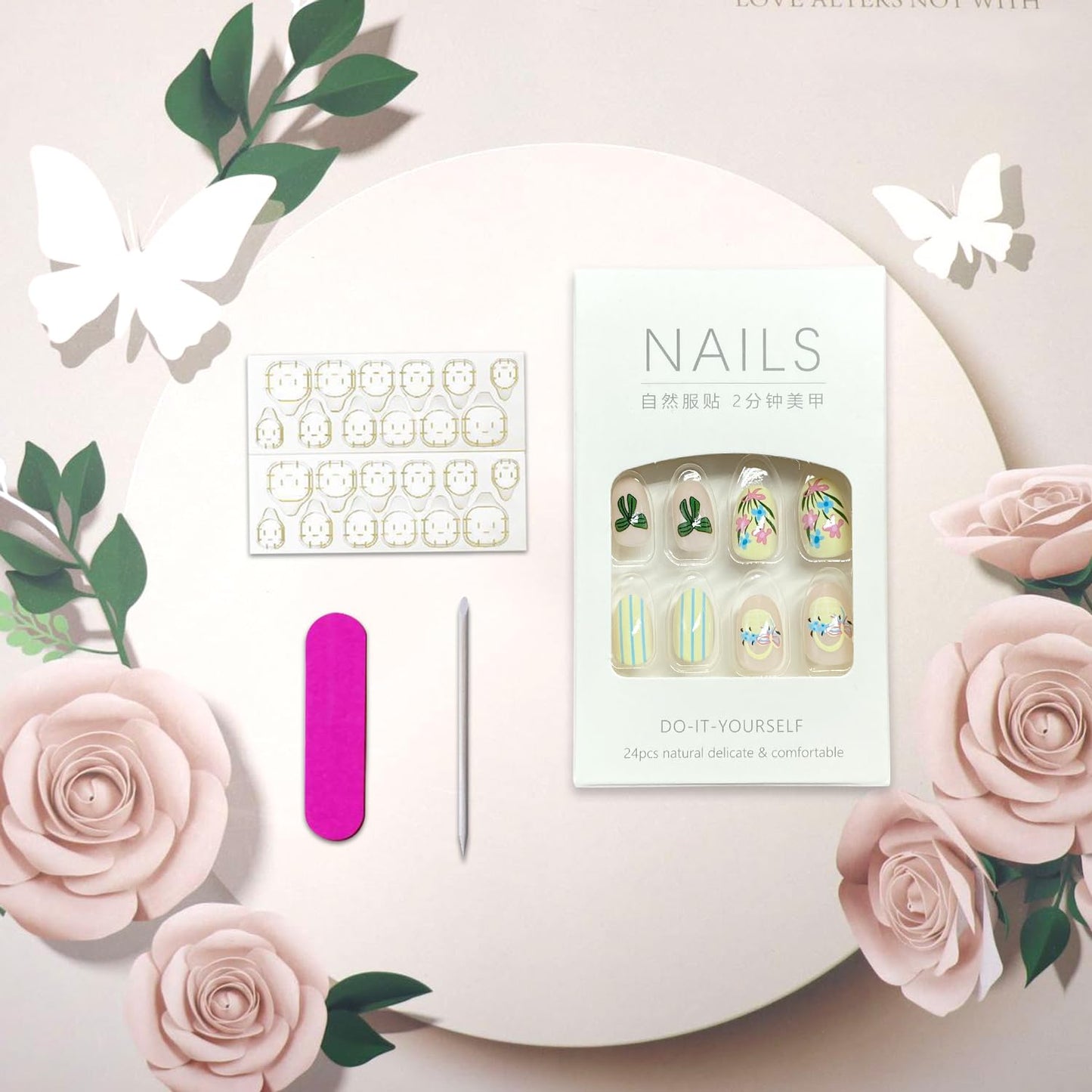 Cute Flower Bow Press on Nails Short Oval Fake Nails Glossy Artificial Glue on Nail Reusable Acrylic Stick on Nail for Women DIY Manicure