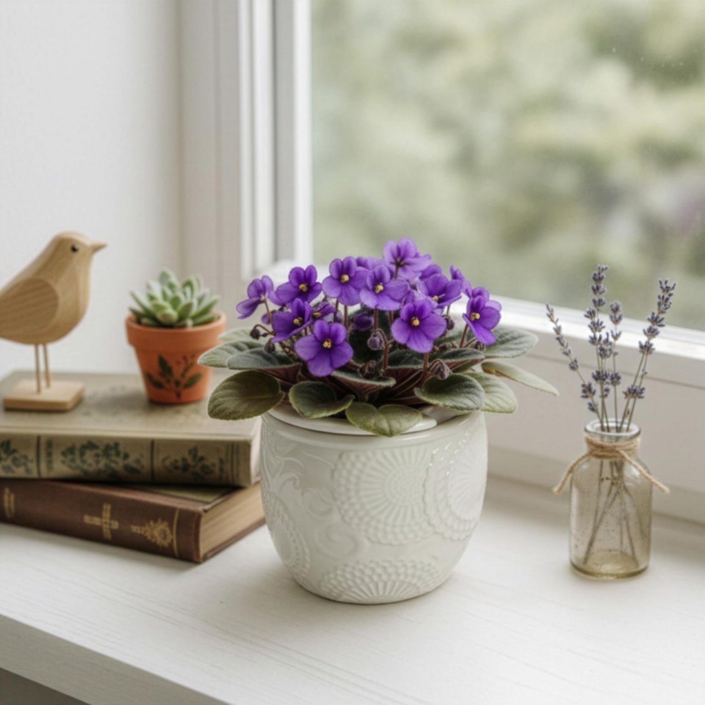 HERDUK 6.5” Ceramic Self Watering African Violet Planter with Embossed Floral Design – Durable Indoor Plant Pot for Orchids, Succulents, and Houseplants