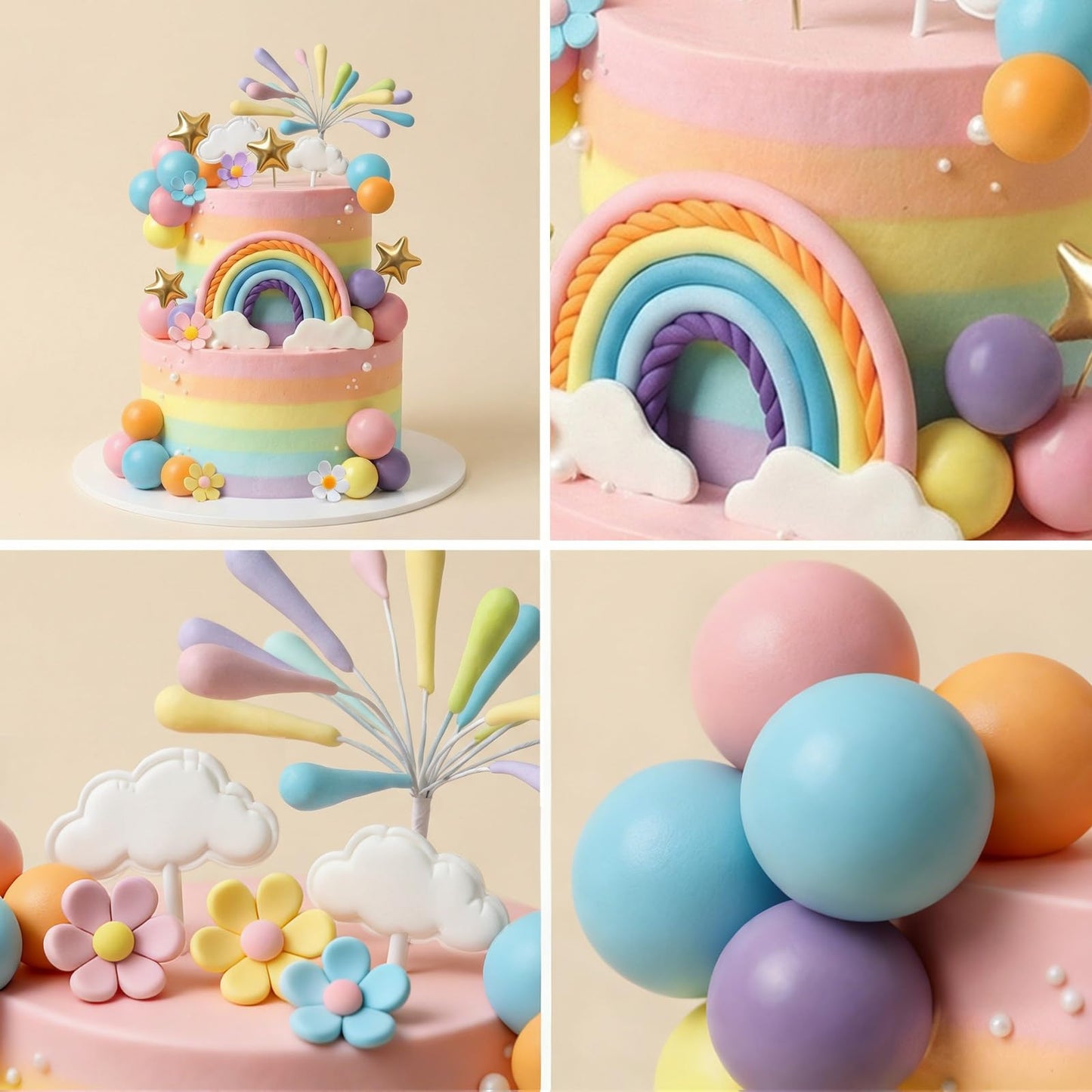 Rainbow Cake Topper 39pcs Rainbow Cake Decorations with Pastel Balls Topper Daisy Flower Cupcake Decroation,Boho Party Decorations for Groovy Hippie Birthday Wedding Baby Shower Cupcake Decorations