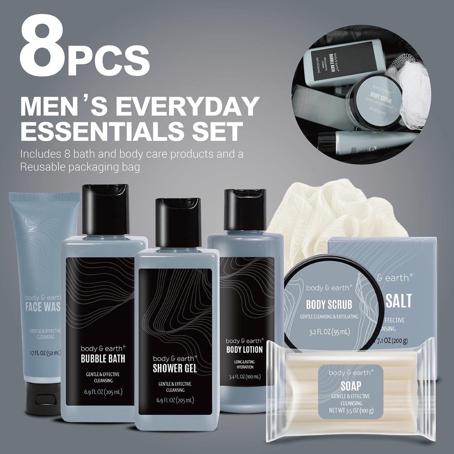 Body & Earth Gift Baskets for Men 8pcs Mens Grooming Sets with Leather Scent Gift Sets for Christmas Gifts for Men