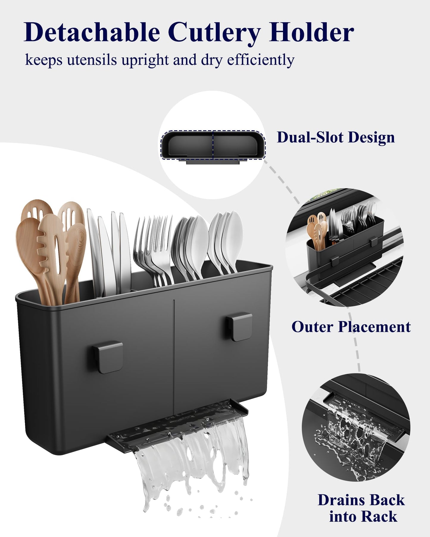 Kitsure Dish Drying Rack - Multi-Functional Dish Rack for Kitchen Counter with Cutlery Holder, Rust-Proof Storage Solution with Rotatable, 15.7" x 12.0" x 5.5", Black
