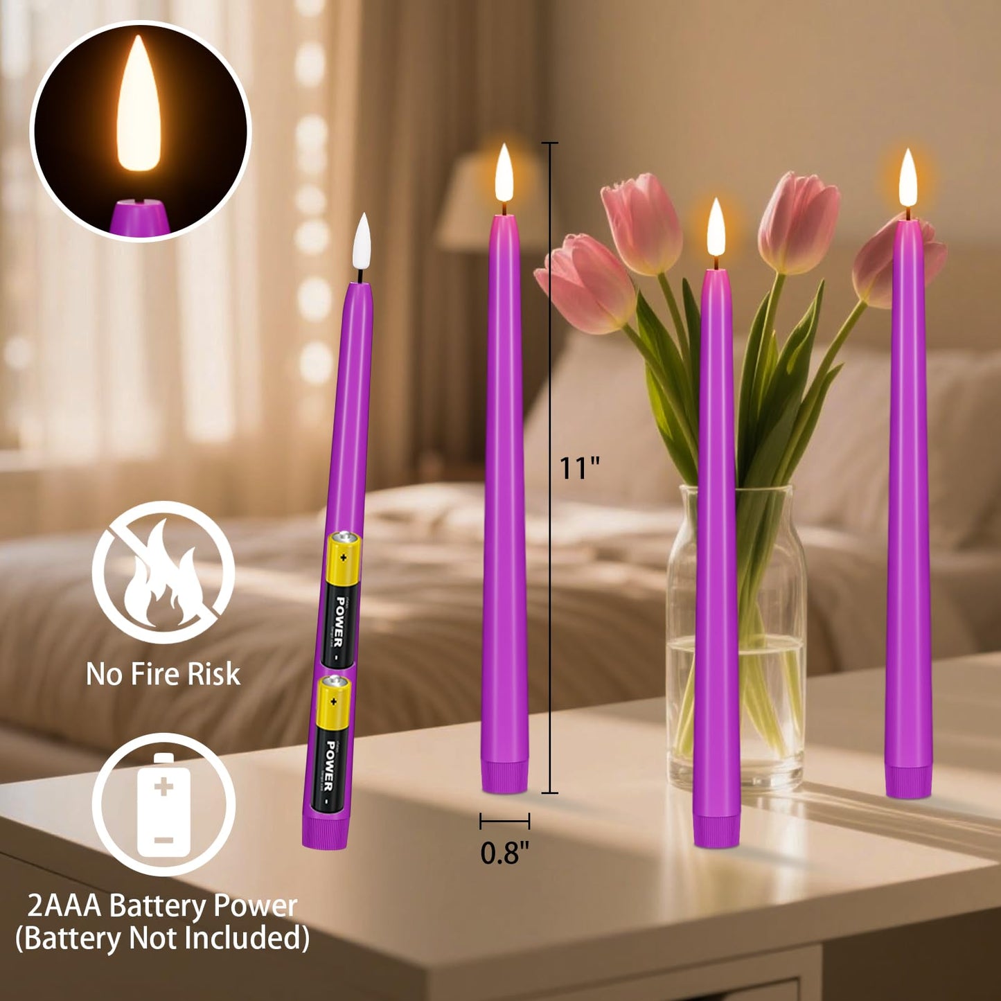 Wondise Halloween Flameless Taper Candles with Remote & Timer, 4 Pack Purple Battery Operated LED Candles with 3D Wick Flickering for Halloween Decorations Gift