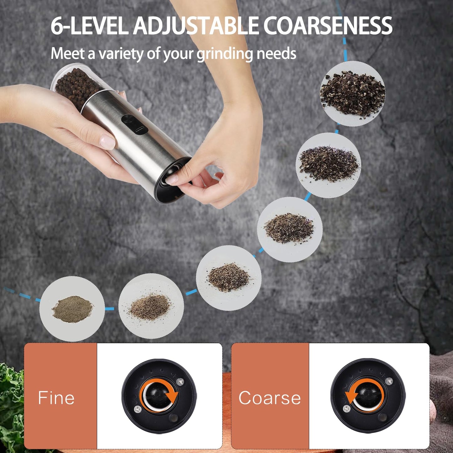 Enutogo Electric Salt and Pepper Grinder Set, Rechargeable Salt and Pepper Shakers Refillable, Automatic Pepper Mill with Adjustable Coarseness, One Hand Operation with LED light, Stainless Steel